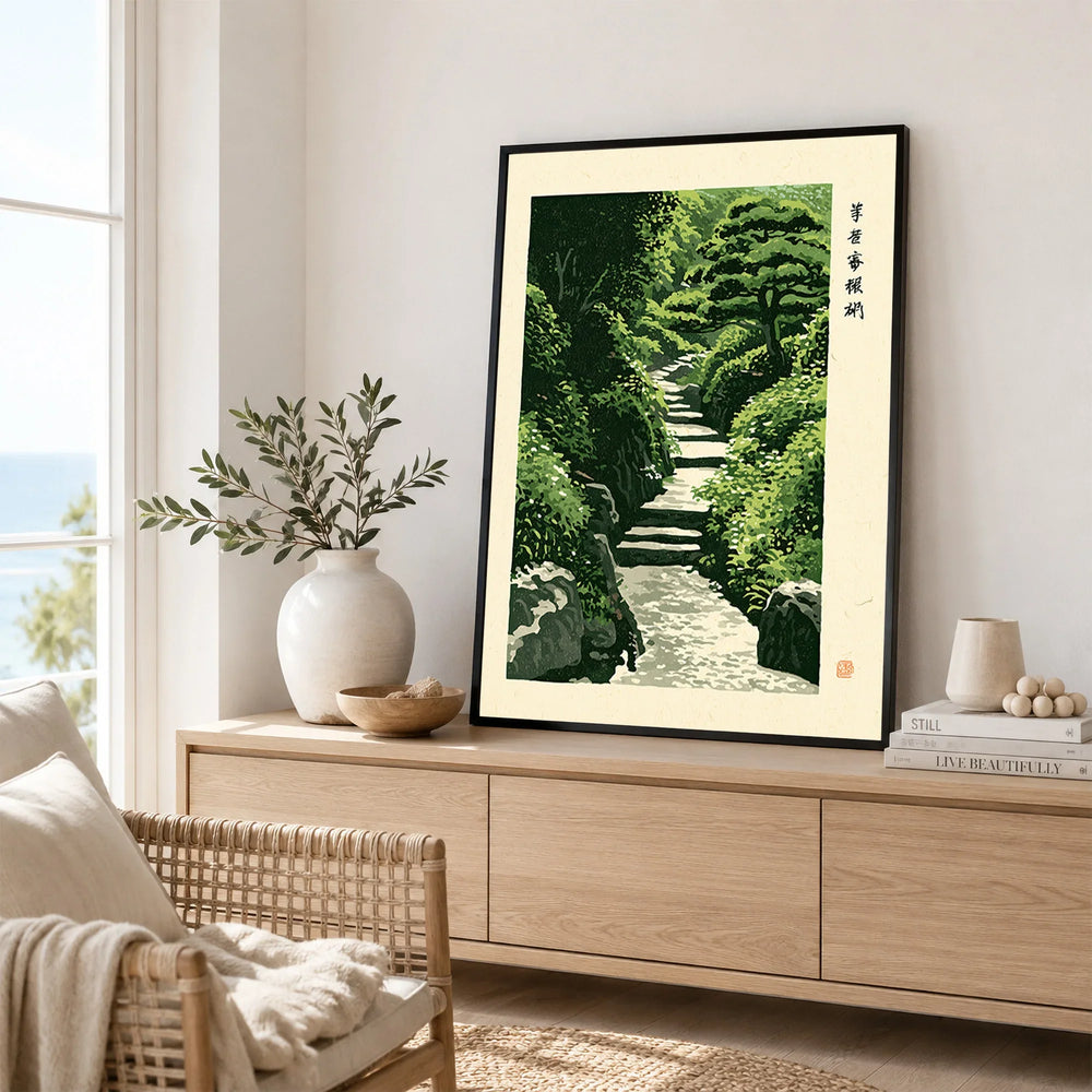 Japanese Garden Art Print – Vintage Landscape Wall Art — framed artwork living room lifestyle setting