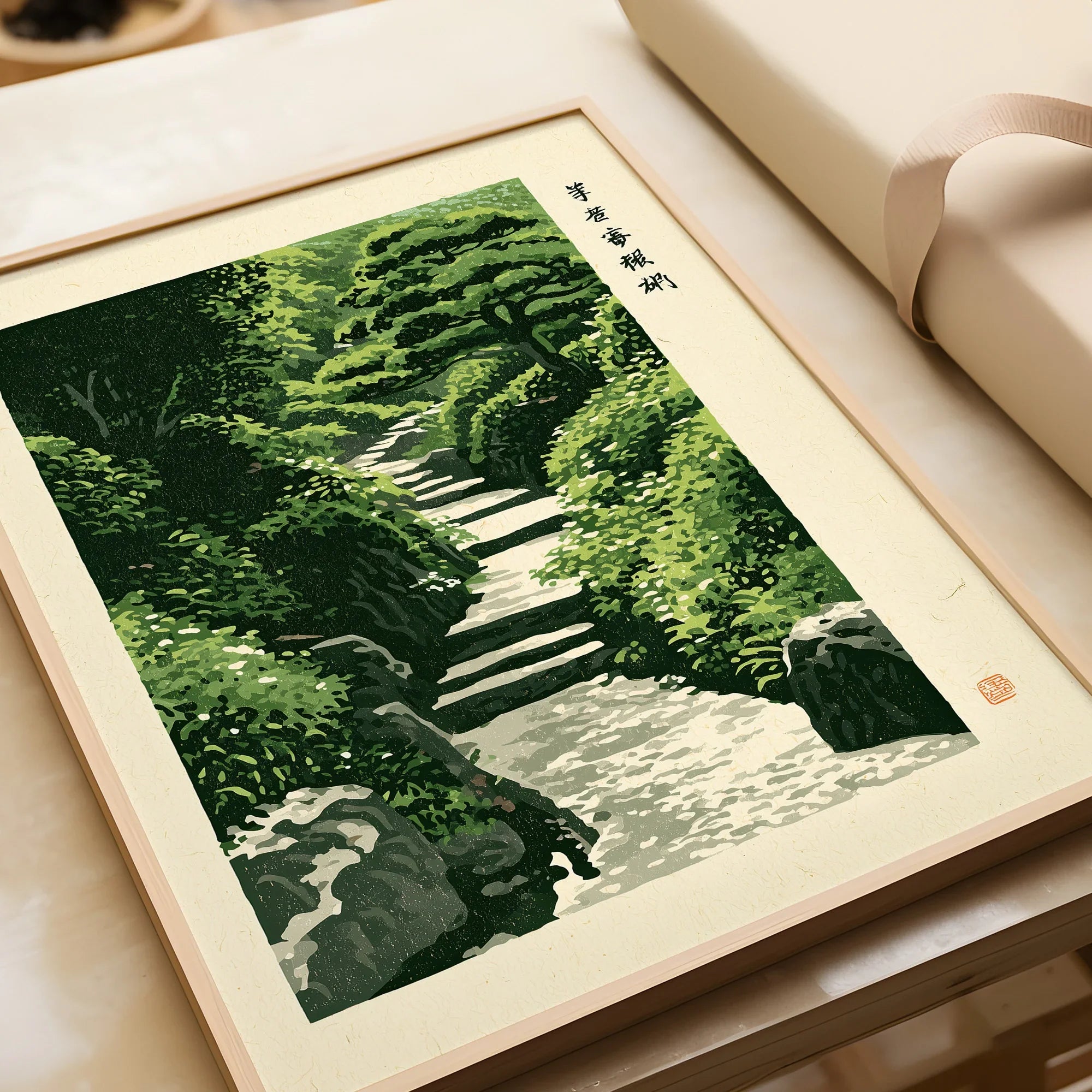 Japanese Garden Art Print – Vintage Landscape Wall Art — framed art print closeup gift unwrapped natural frame