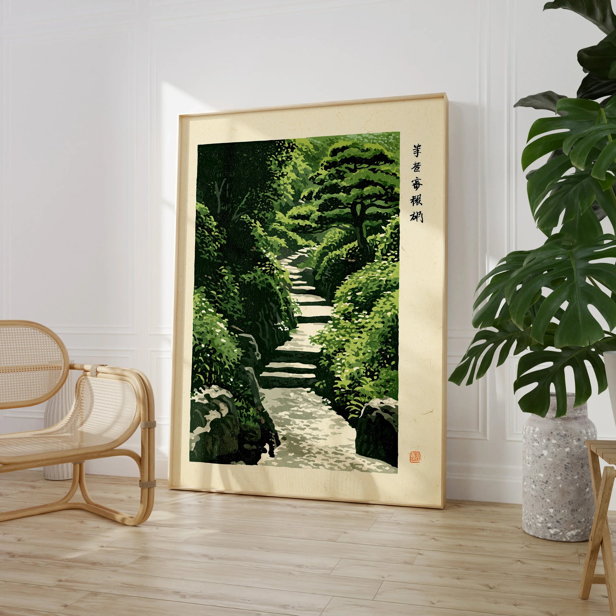 Japanese Garden Art Print – Vintage Landscape Wall Art — large framed print room setting chair plant