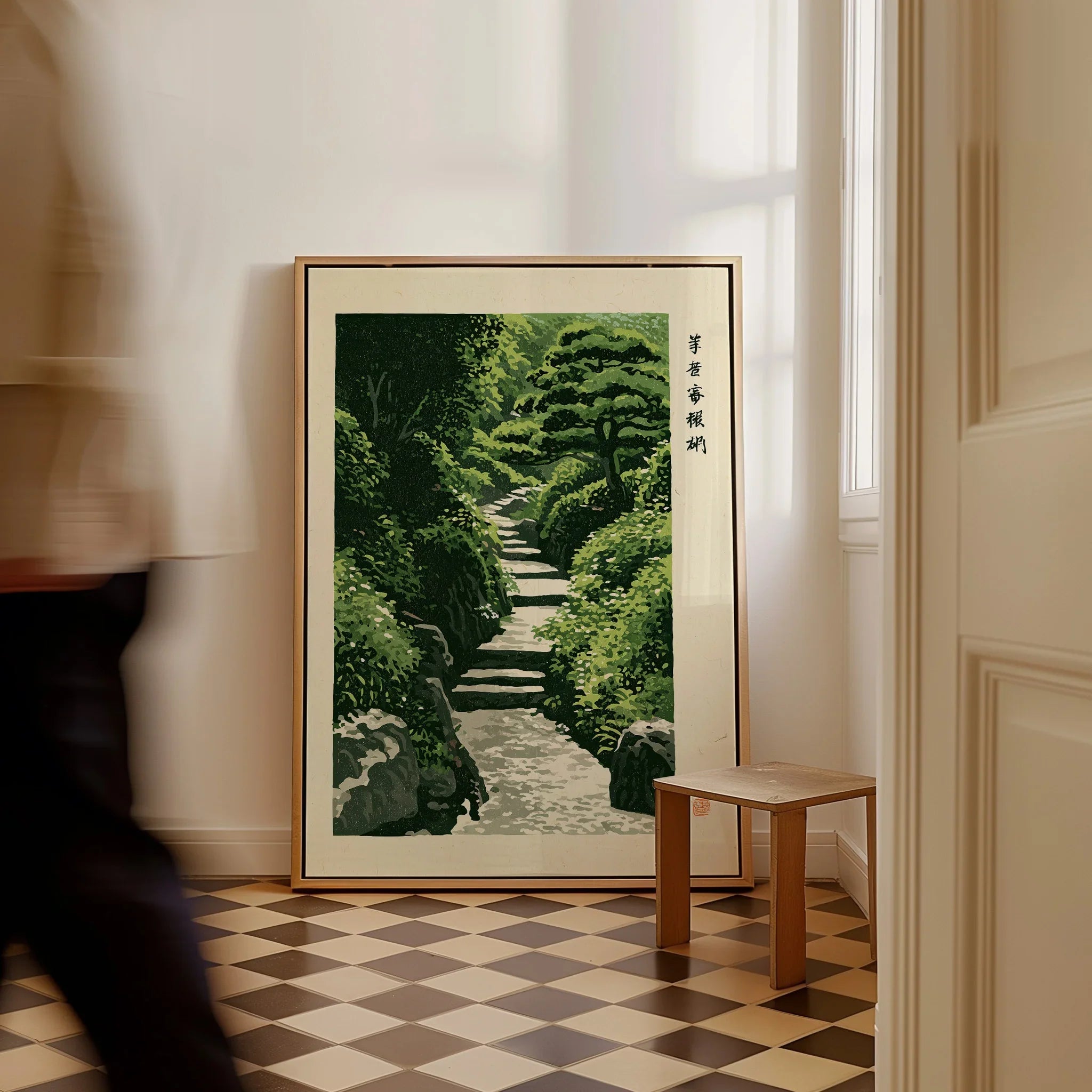 Japanese Garden Art Print – Vintage Landscape Wall Art — framed canvas on floor man walking past