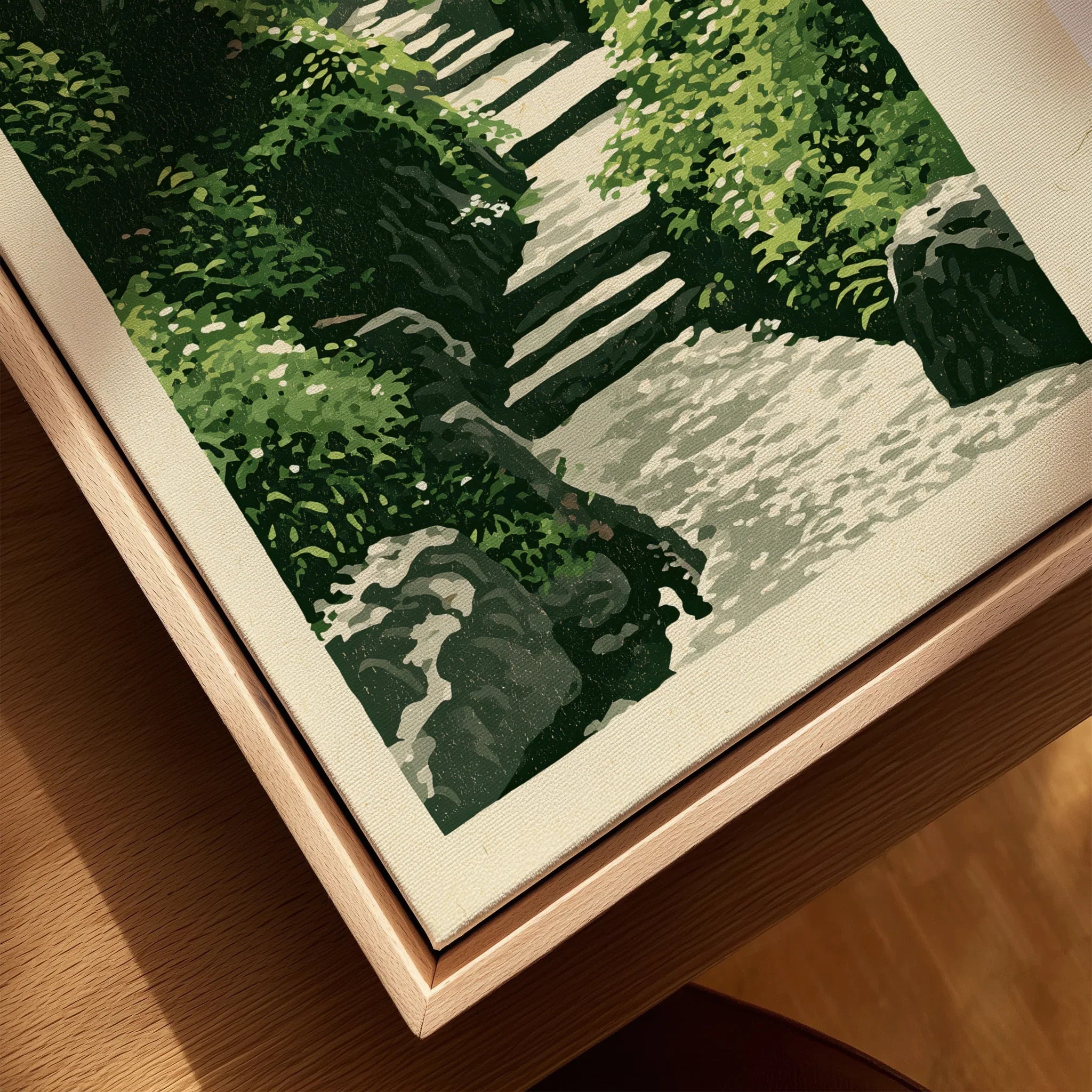 Japanese Garden Art Print – Vintage Landscape Wall Art — closeup framed canvas natural wood floating frame