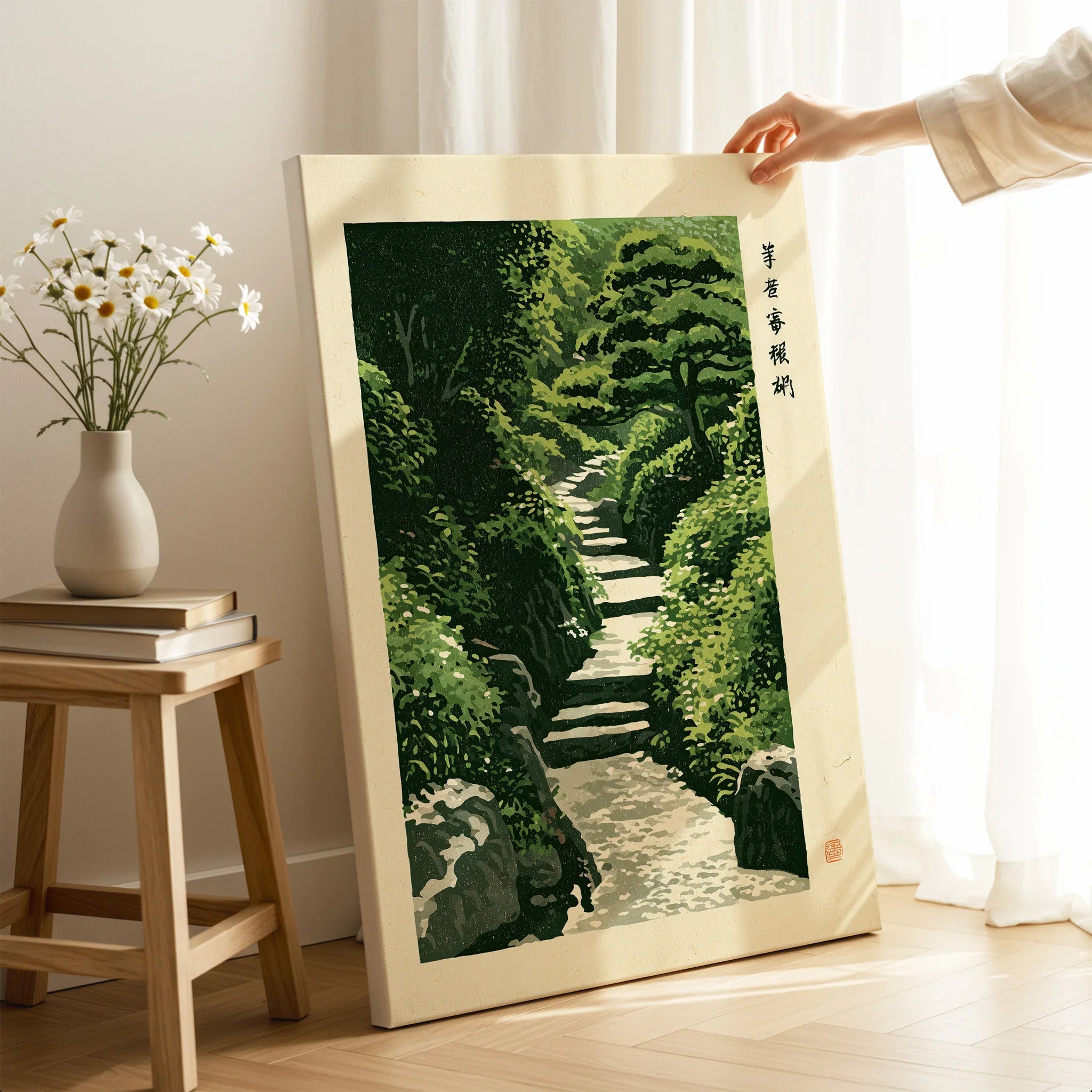 Japanese Garden Art Print – Vintage Landscape Wall Art — canvas print mirror edge hand holding room setting