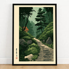 Japanese Garden Path Wall Art – Vintage Japan Print — art print in black frame on wooden floor