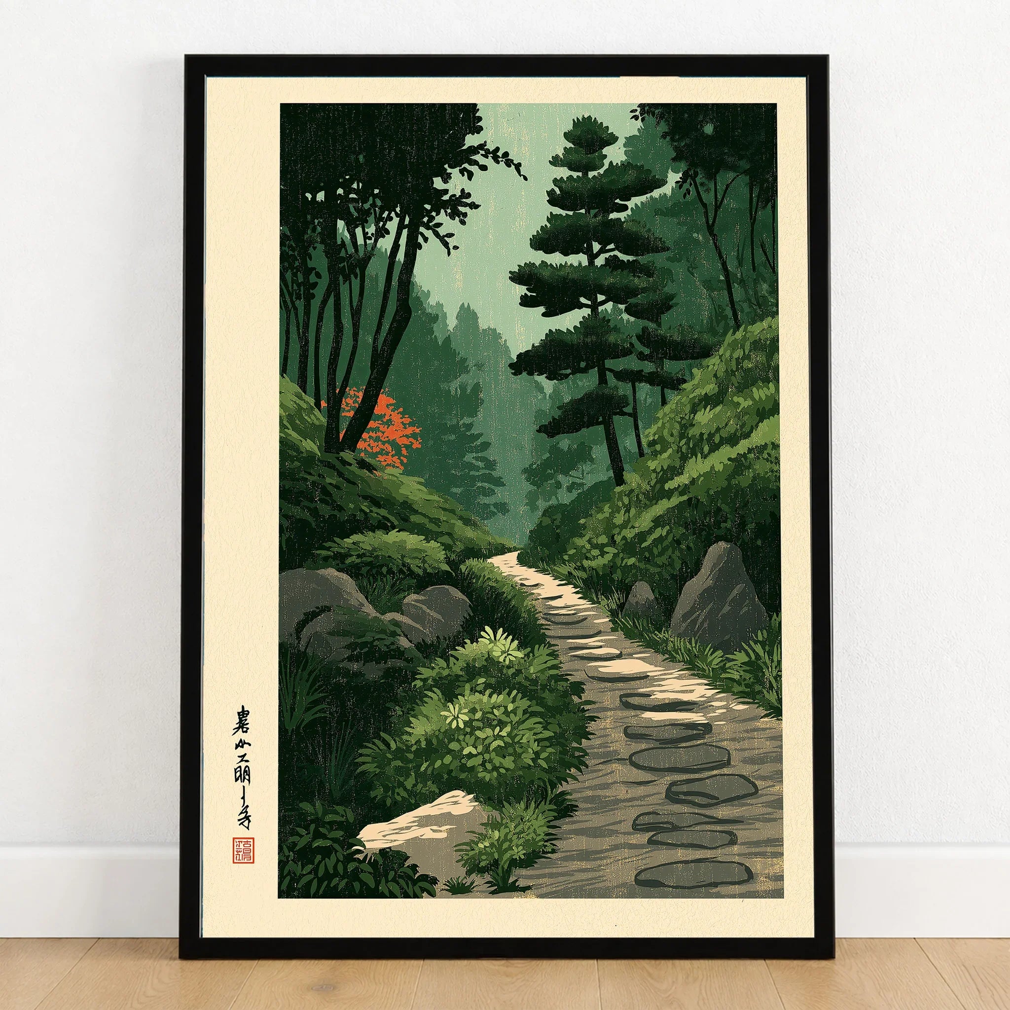 Japanese Garden Path Wall Art – Vintage Japan Print — art print in black frame on wooden floor
