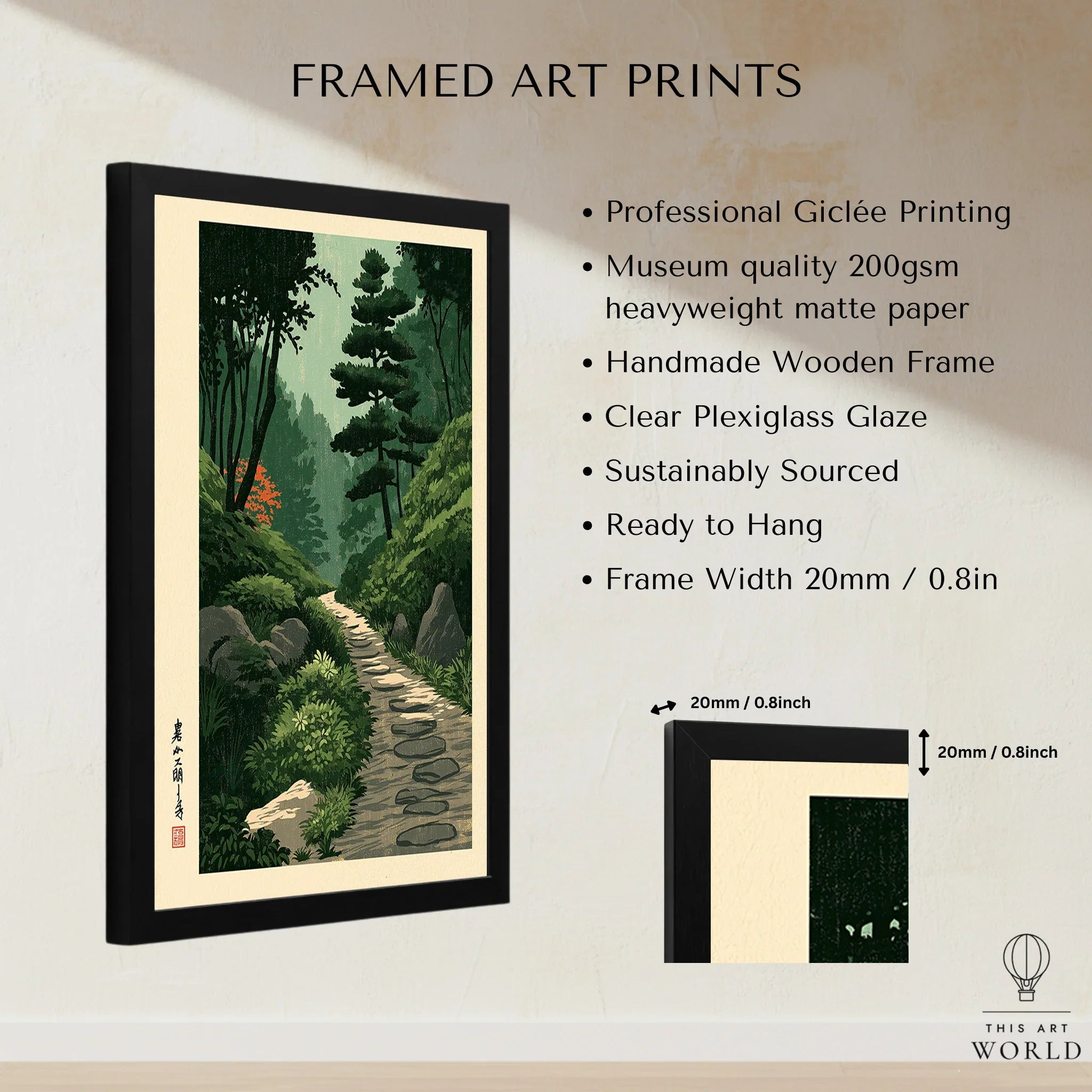 Japanese Garden Path Wall Art – Vintage Japan Print — framed print details measurements quality details