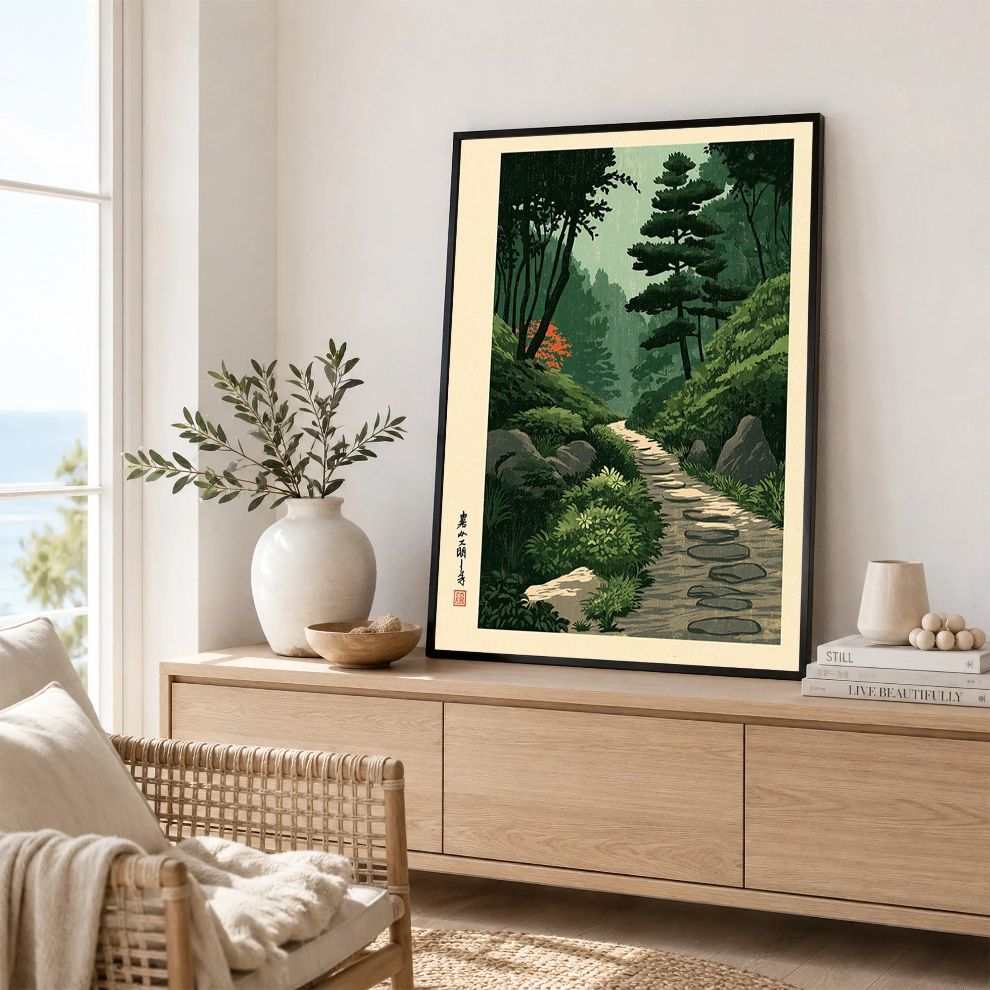 Japanese Garden Path Wall Art – Vintage Japan Print — framed artwork living room lifestyle setting