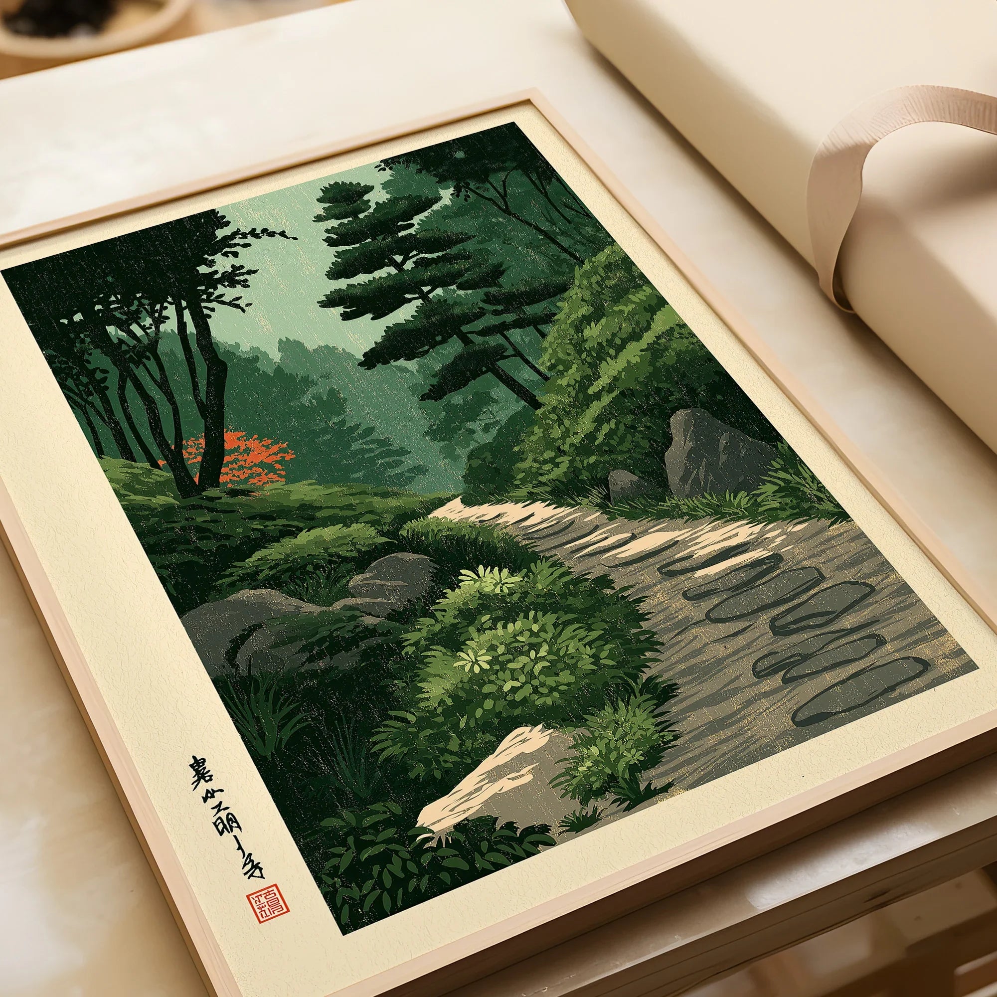 Japanese Garden Path Wall Art – Vintage Japan Print — framed art print closeup gift unwrapped natural frame