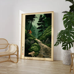 Japanese Garden Path Wall Art – Vintage Japan Print — large framed print room setting chair plant