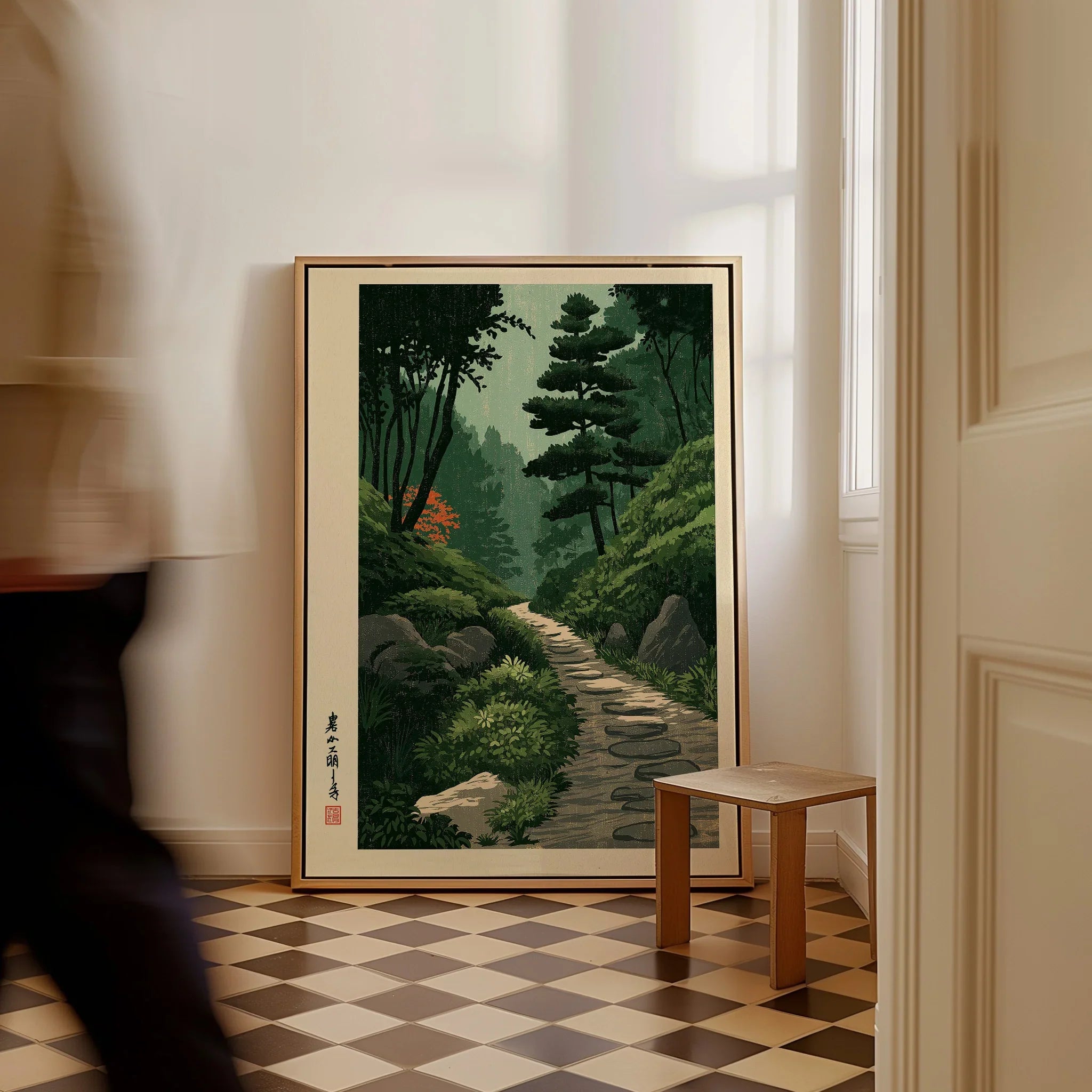 Japanese Garden Path Wall Art – Vintage Japan Print — framed canvas on floor man walking past