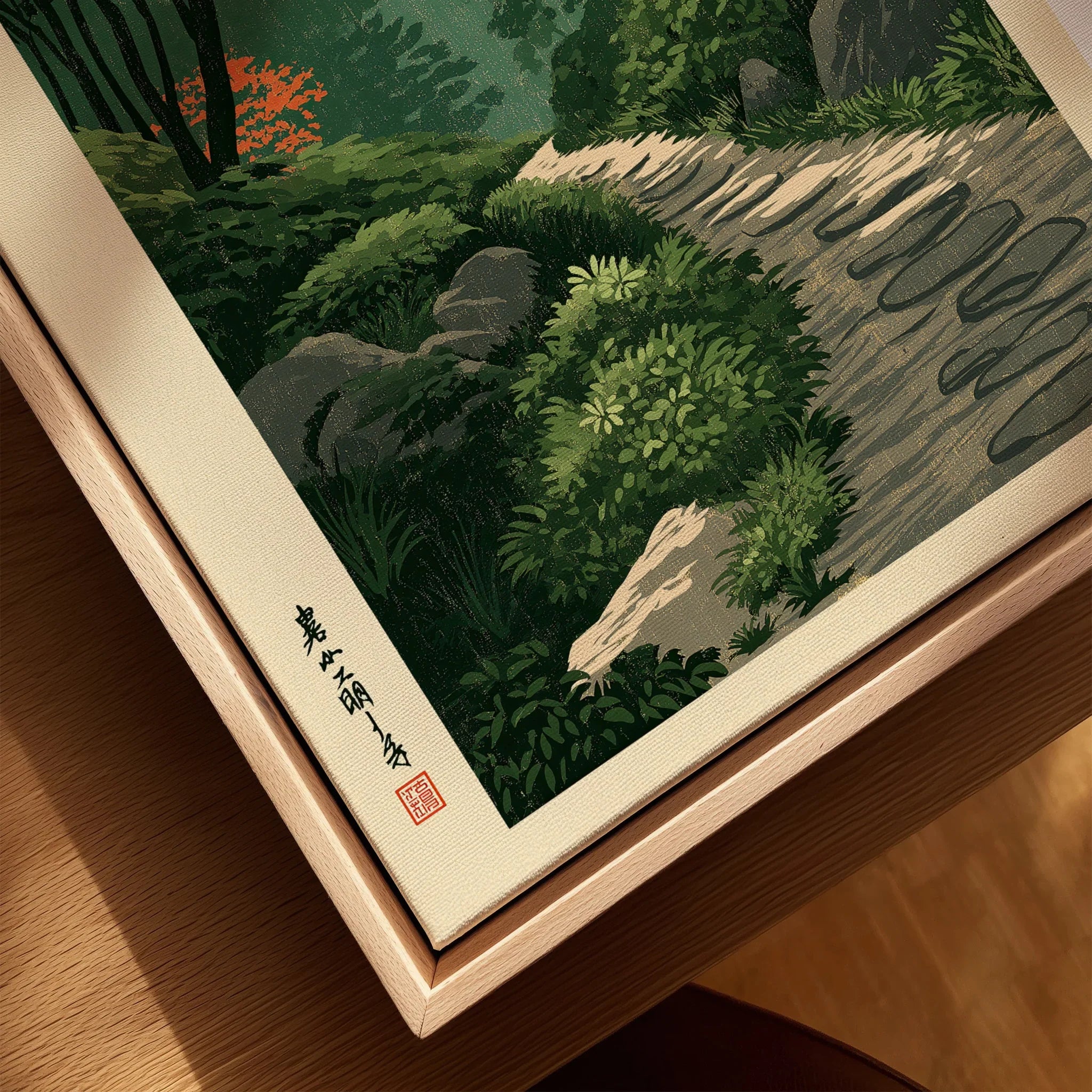 Japanese Garden Path Wall Art – Vintage Japan Print — closeup framed canvas natural wood floating frame