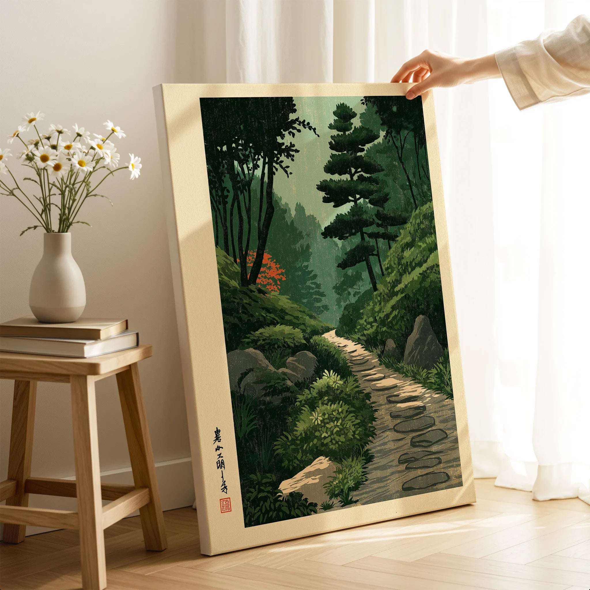 Japanese Garden Path Wall Art – Vintage Japan Print — canvas print mirror edge hand holding room setting