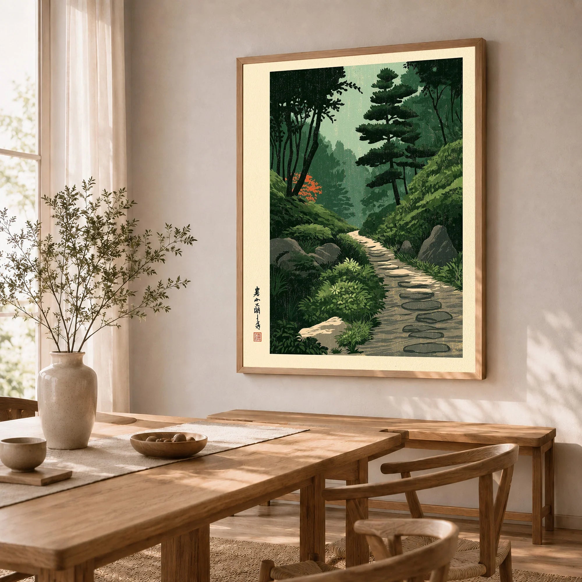 Japanese Garden Path Wall Art – Vintage Japan Print — dining room framed print natural wood frame