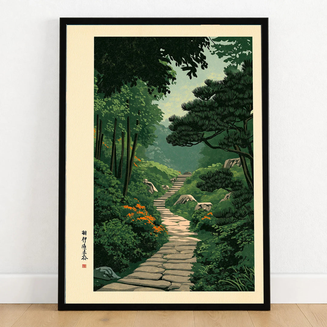 Japanese Garden Landscape Print – Vintage Wall Art — art print in black frame on wooden floor