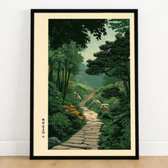 Japanese Garden Landscape Print – Vintage Wall Art — art print in black frame on wooden floor