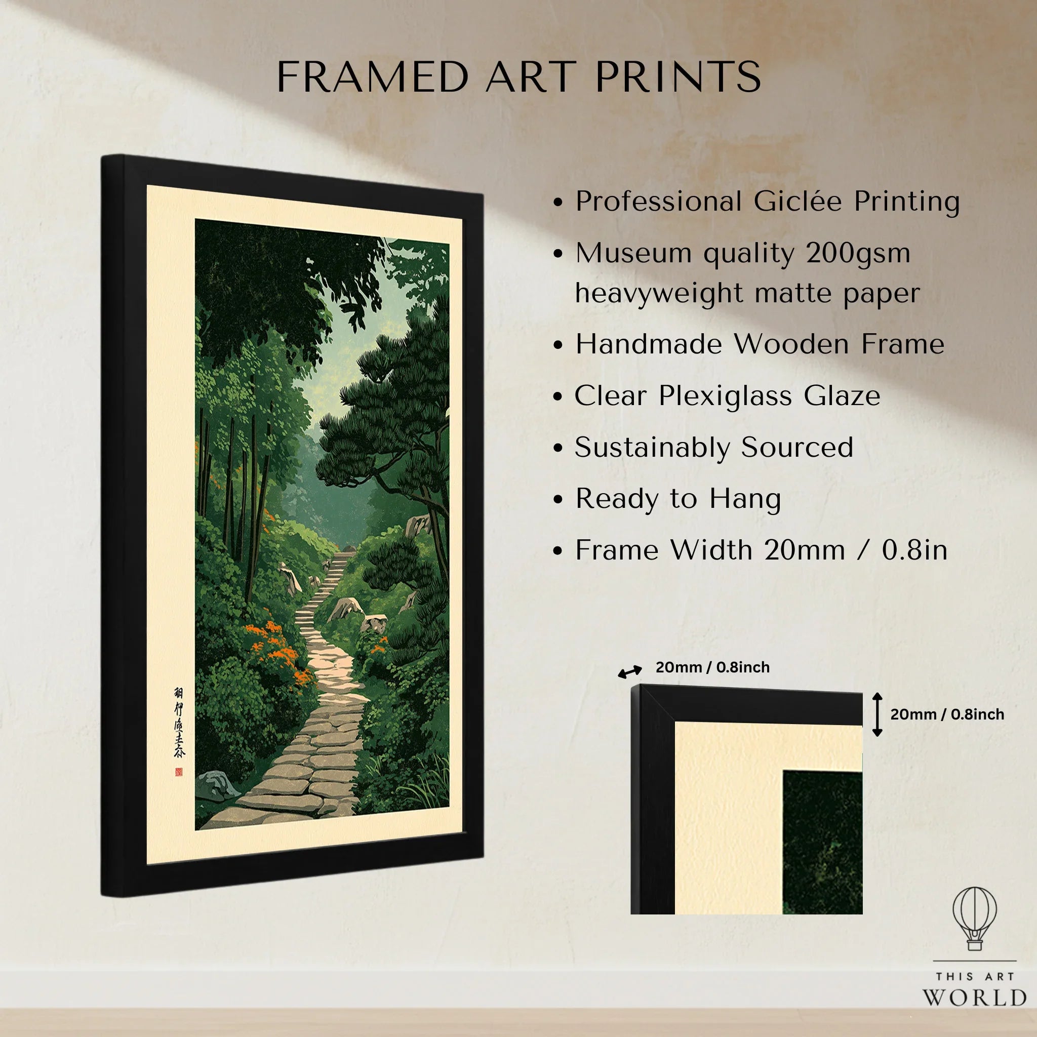 Japanese Garden Landscape Print – Vintage Wall Art — framed print details measurements quality details