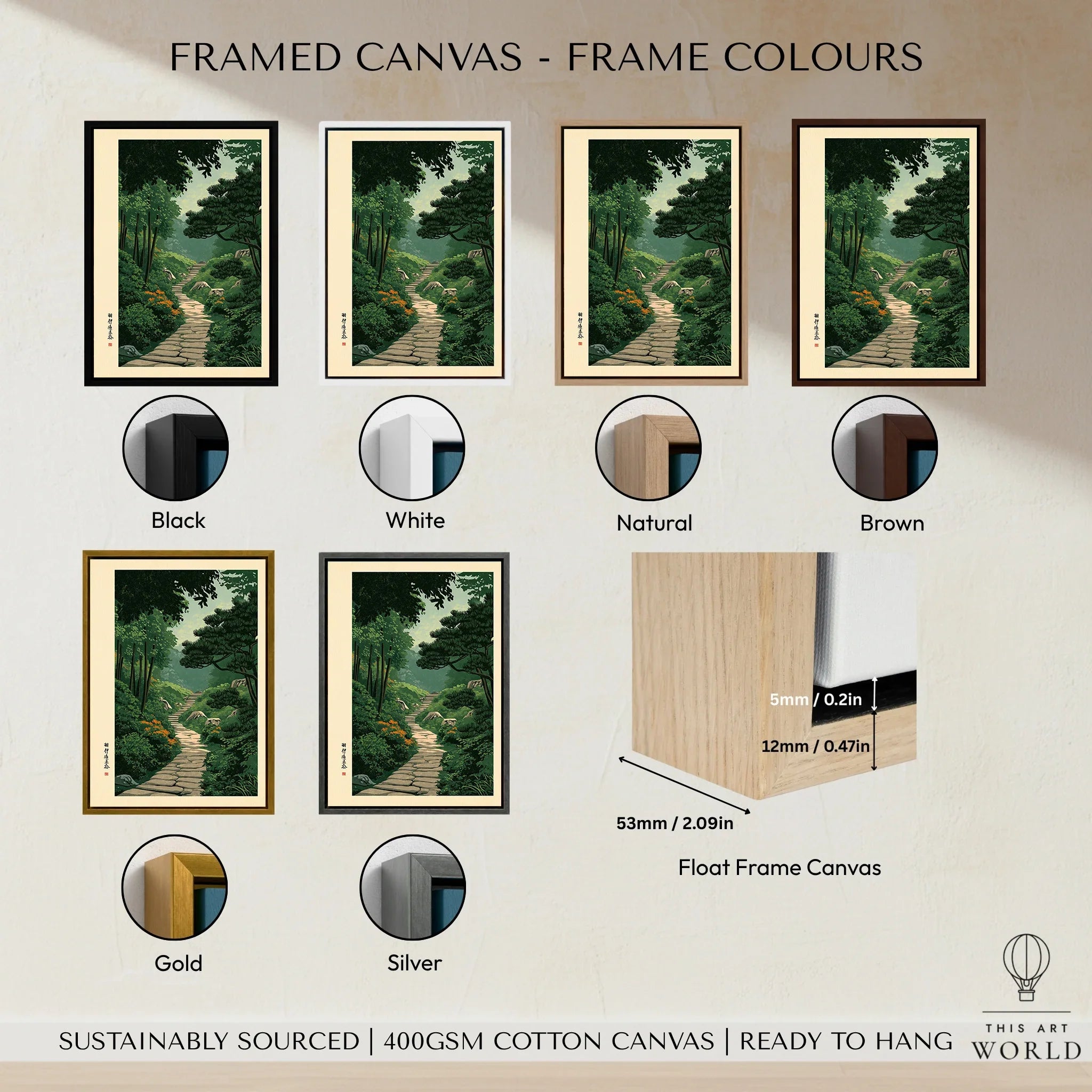 Japanese Garden Landscape Print – Vintage Wall Art — framed canvas float frame colour options