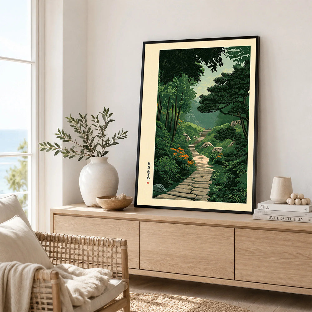 Japanese Garden Landscape Print – Vintage Wall Art — framed artwork living room lifestyle setting
