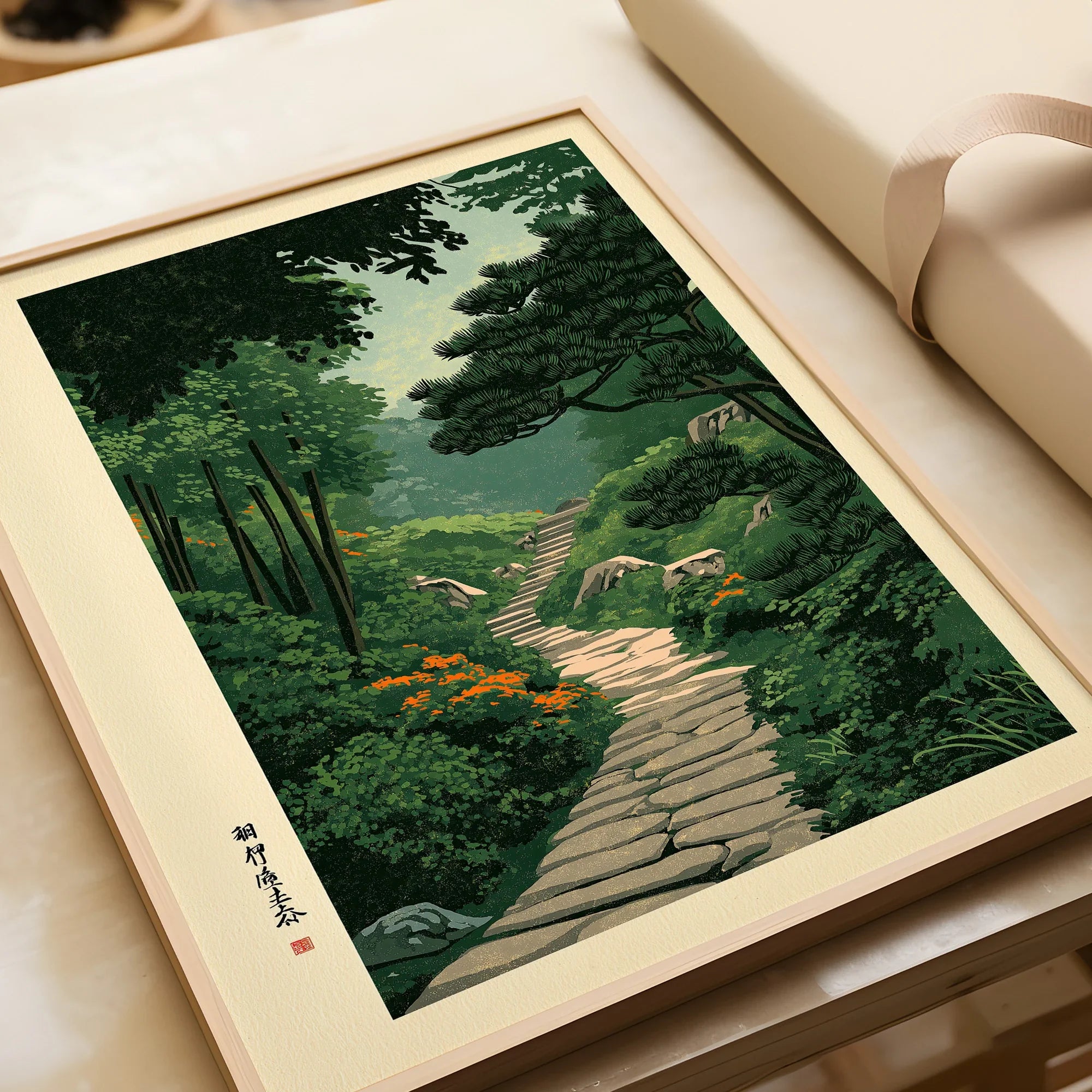 Japanese Garden Landscape Print – Vintage Wall Art — framed art print closeup gift unwrapped natural frame