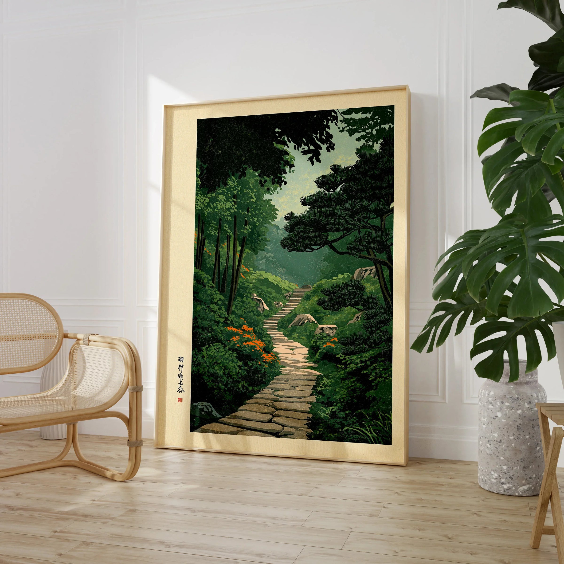 Japanese Garden Landscape Print – Vintage Wall Art — large framed print room setting chair plant