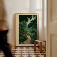 Japanese Garden Landscape Print – Vintage Wall Art — framed canvas on floor man walking past