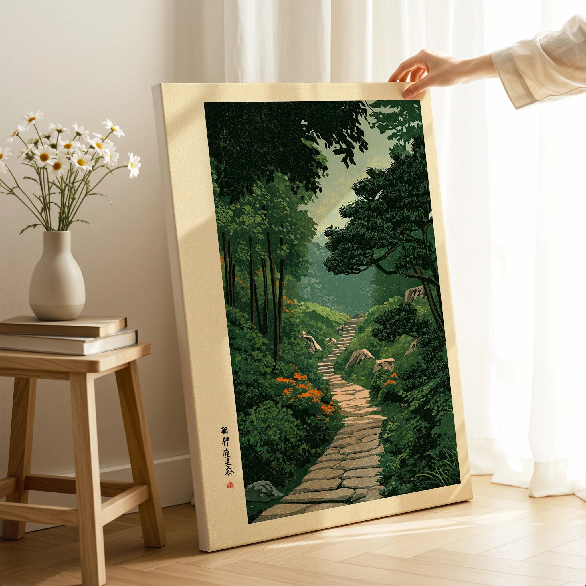 Japanese Garden Landscape Print – Vintage Wall Art — canvas print mirror edge hand holding room setting