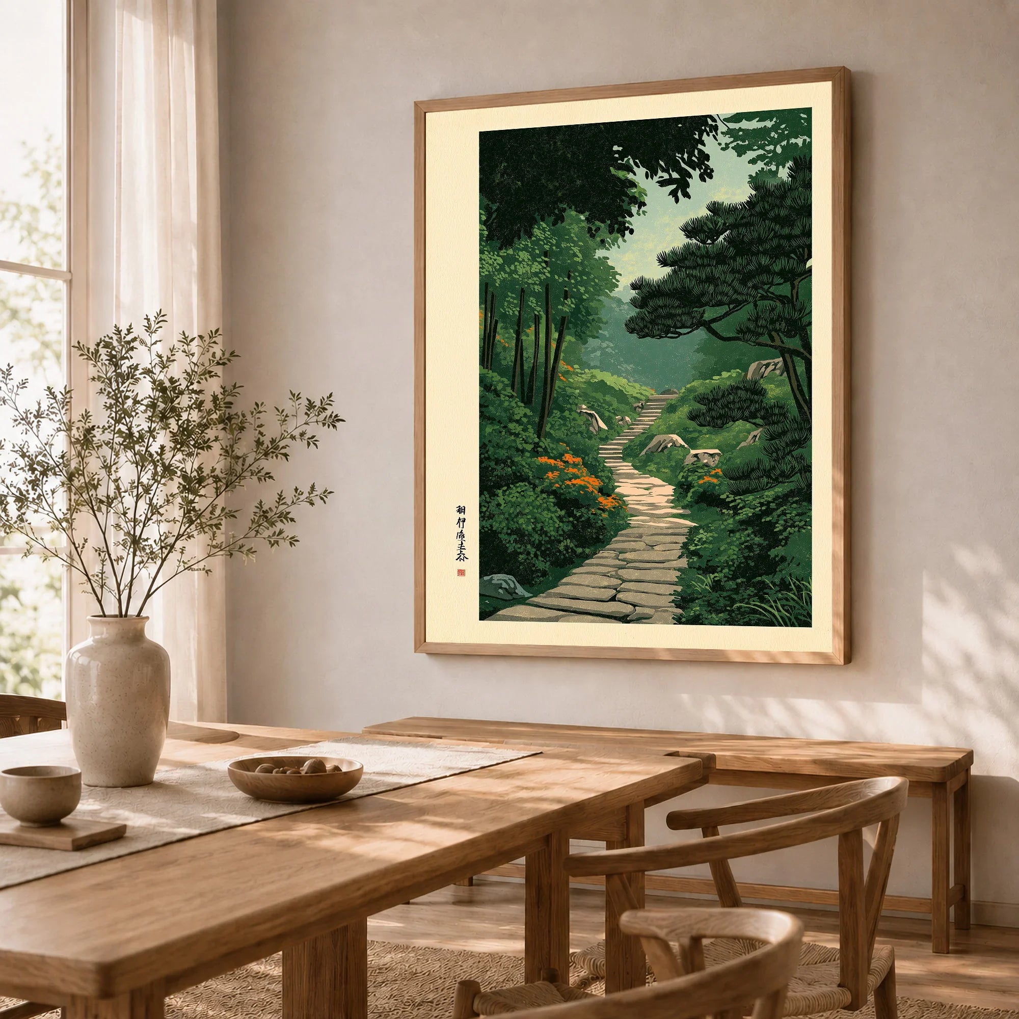 Japanese Garden Landscape Print – Vintage Wall Art — dining room framed print natural wood frame