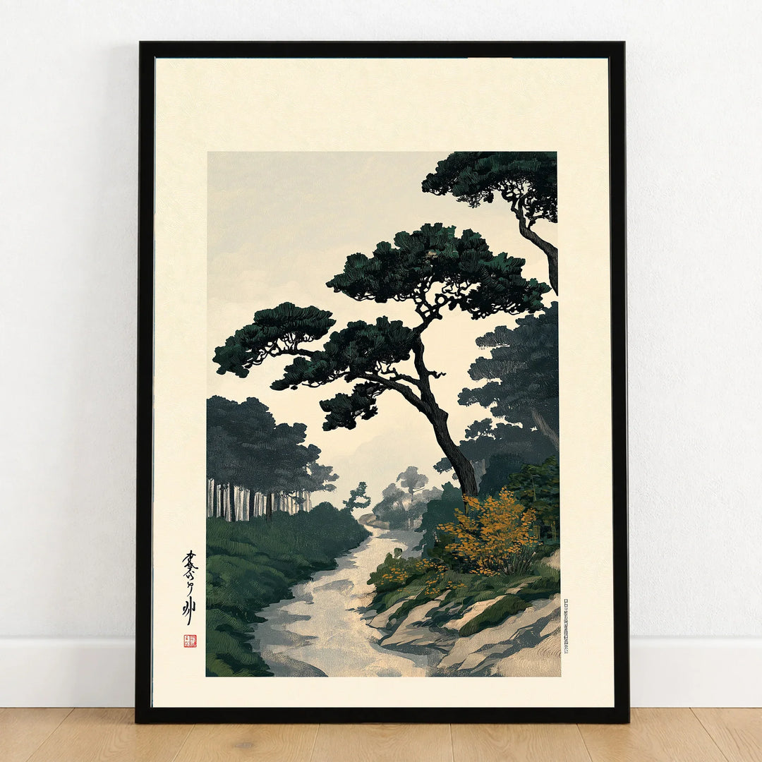 Japanese Pine Garden Art Print – Vintage Landscape Wall Art — art print in black frame on wooden floor