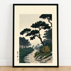 Japanese Pine Garden Art Print – Vintage Landscape Wall Art — art print in black frame on wooden floor