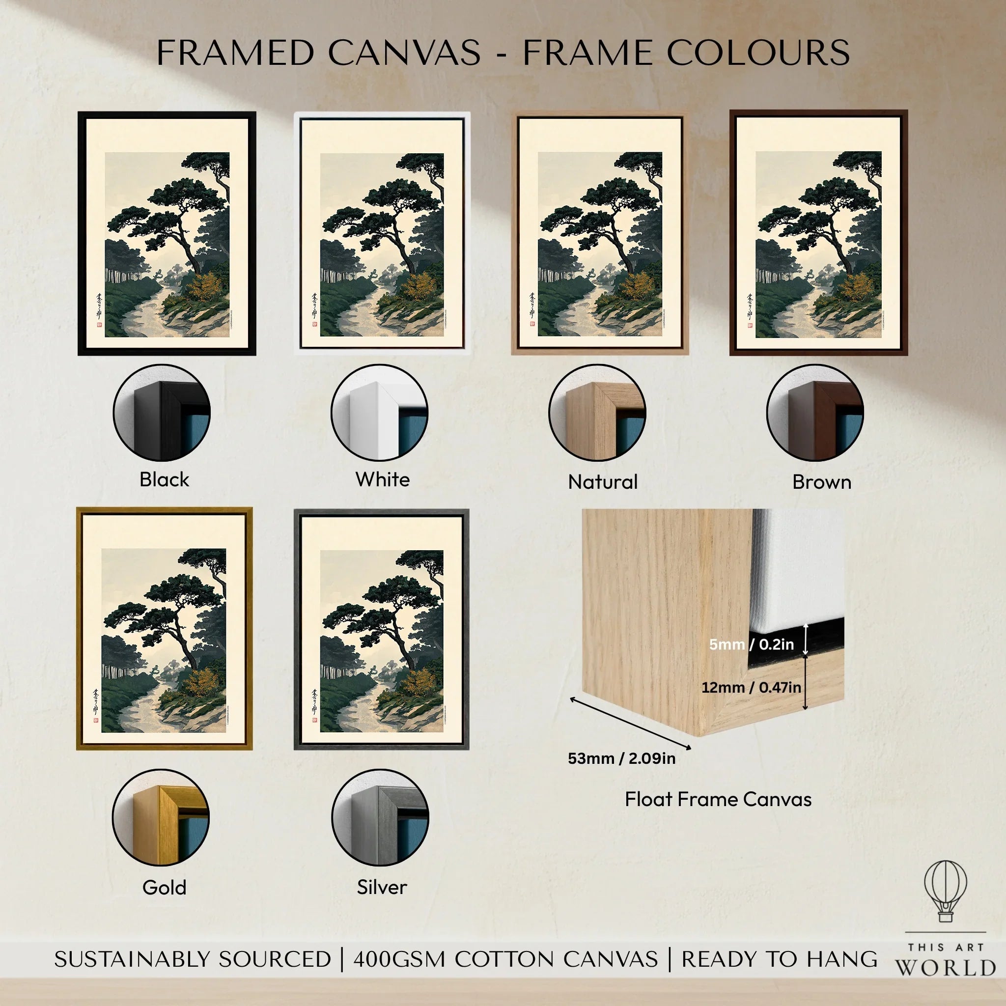 Japanese Pine Garden Art Print – Vintage Landscape Wall Art — framed canvas float frame colour options