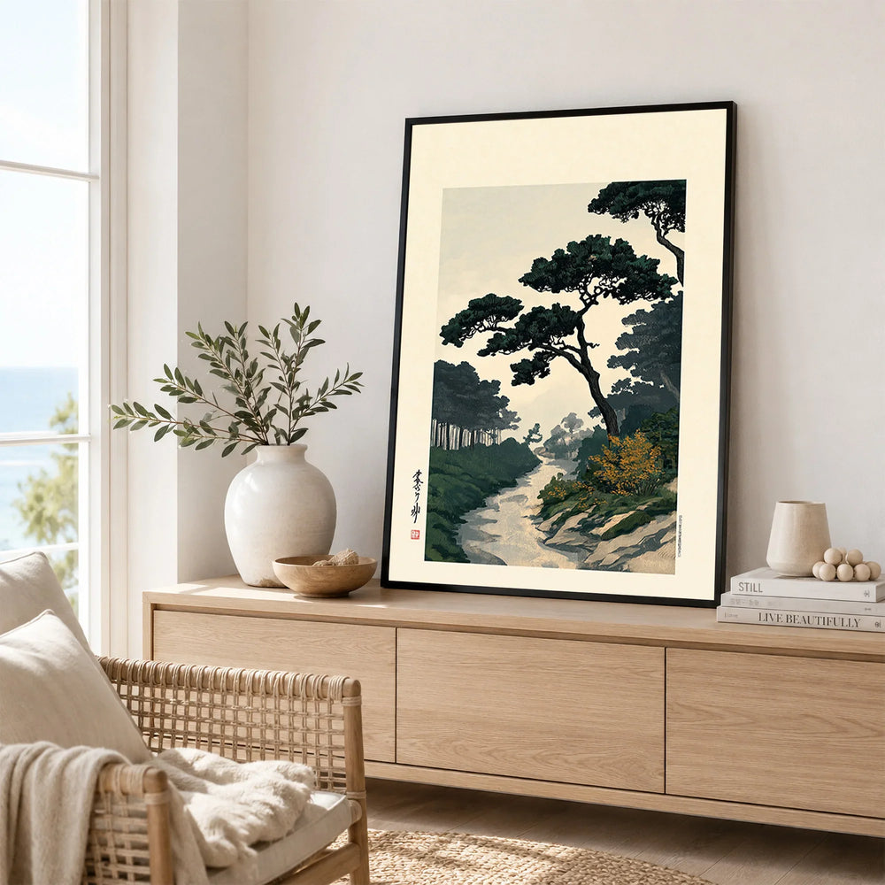 Japanese Pine Garden Art Print – Vintage Landscape Wall Art — framed artwork living room lifestyle setting