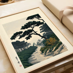 Japanese Pine Garden Art Print – Vintage Landscape Wall Art — framed art print closeup gift unwrapped natural frame