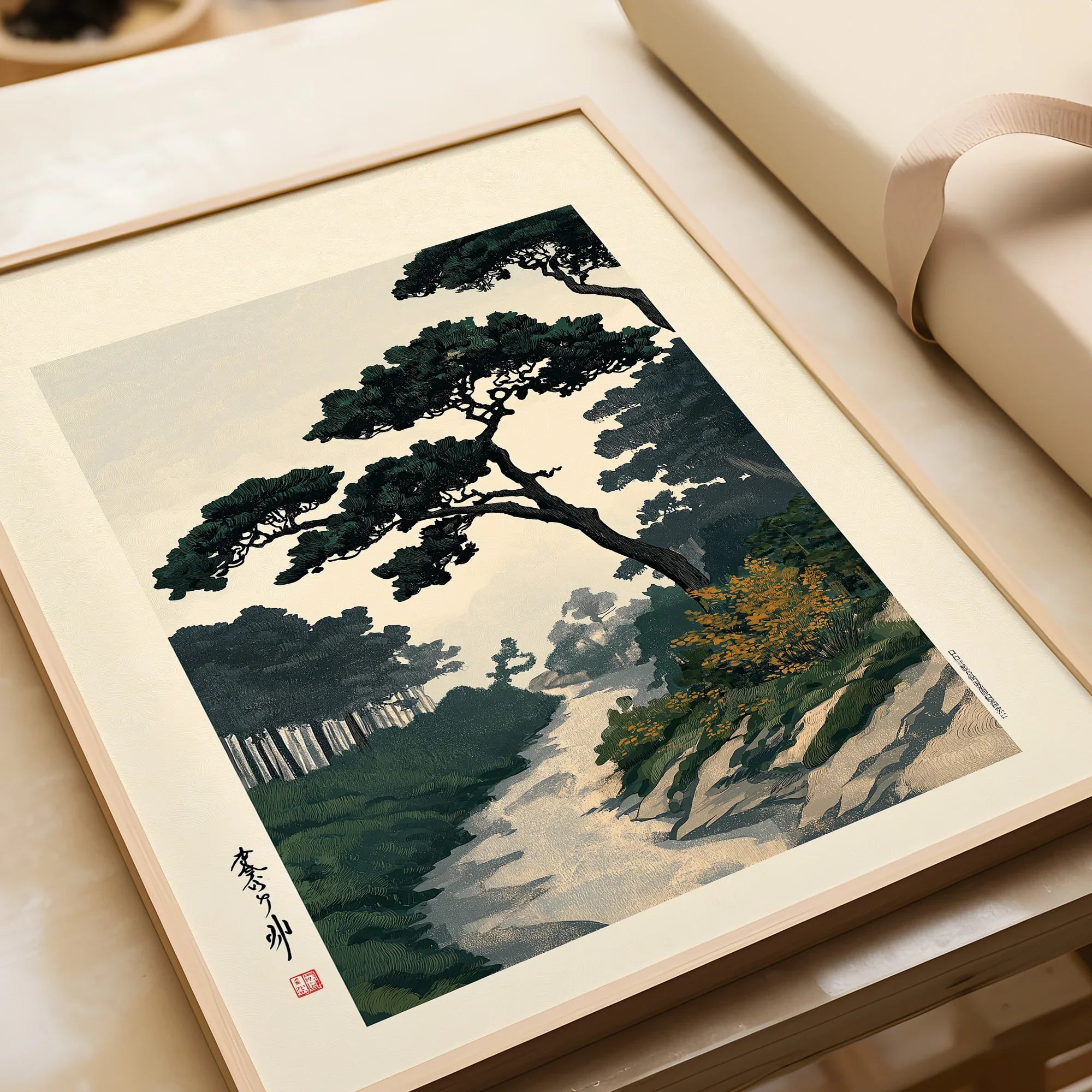 Japanese Pine Garden Art Print – Vintage Landscape Wall Art — framed art print closeup gift unwrapped natural frame