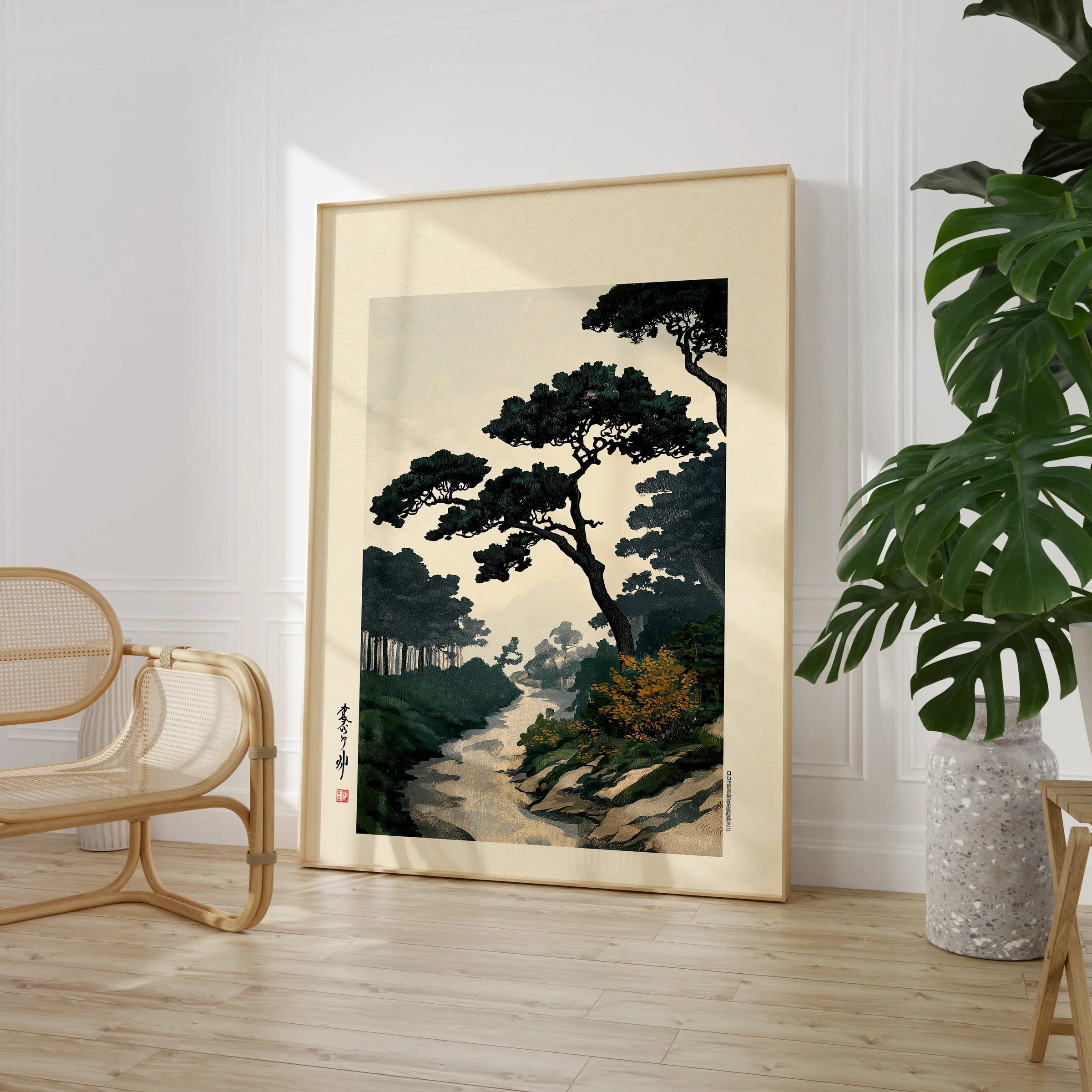 Japanese Pine Garden Art Print – Vintage Landscape Wall Art — large framed print room setting chair plant