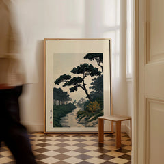 Japanese Pine Garden Art Print – Vintage Landscape Wall Art — framed canvas on floor man walking past