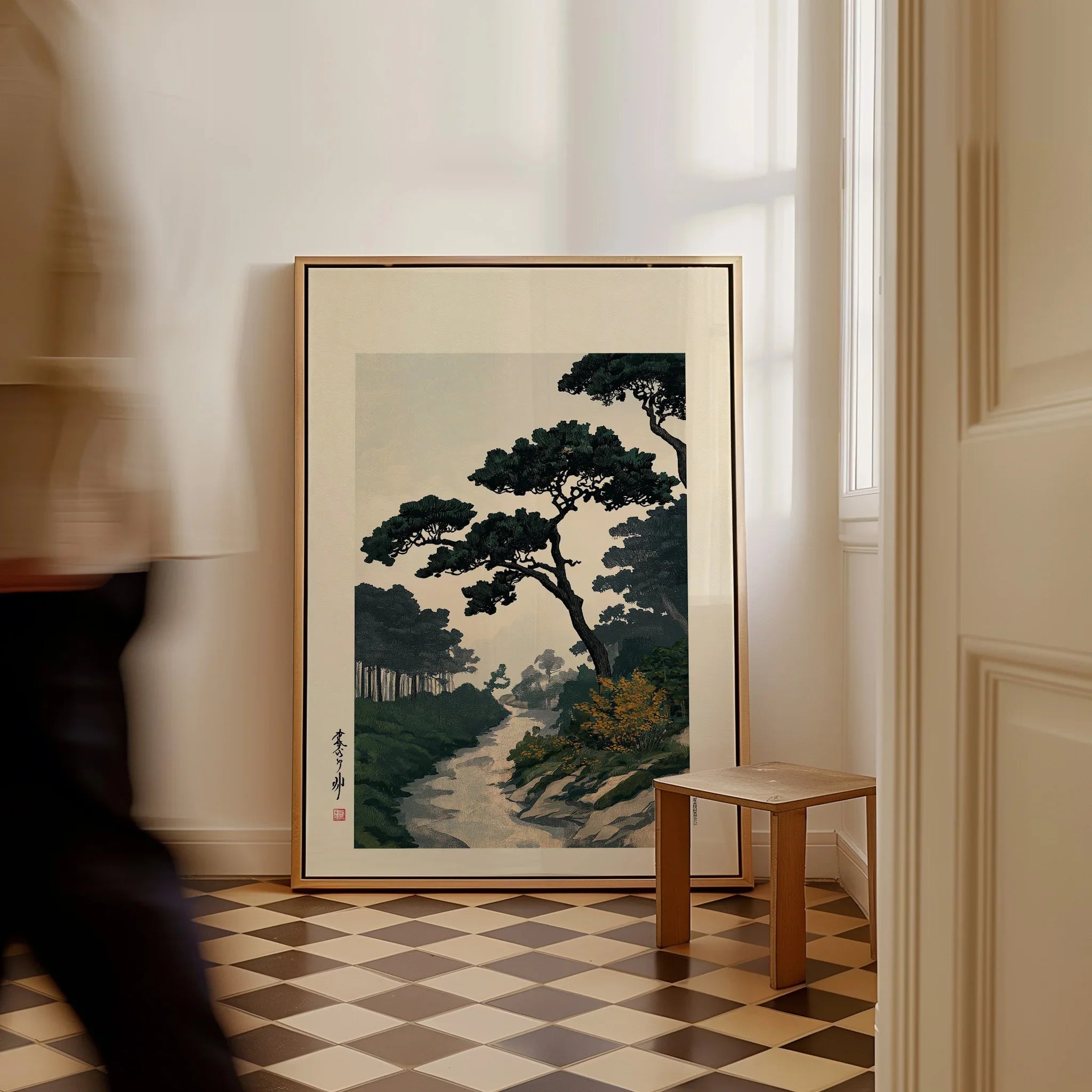 Japanese Pine Garden Art Print – Vintage Landscape Wall Art — framed canvas on floor man walking past