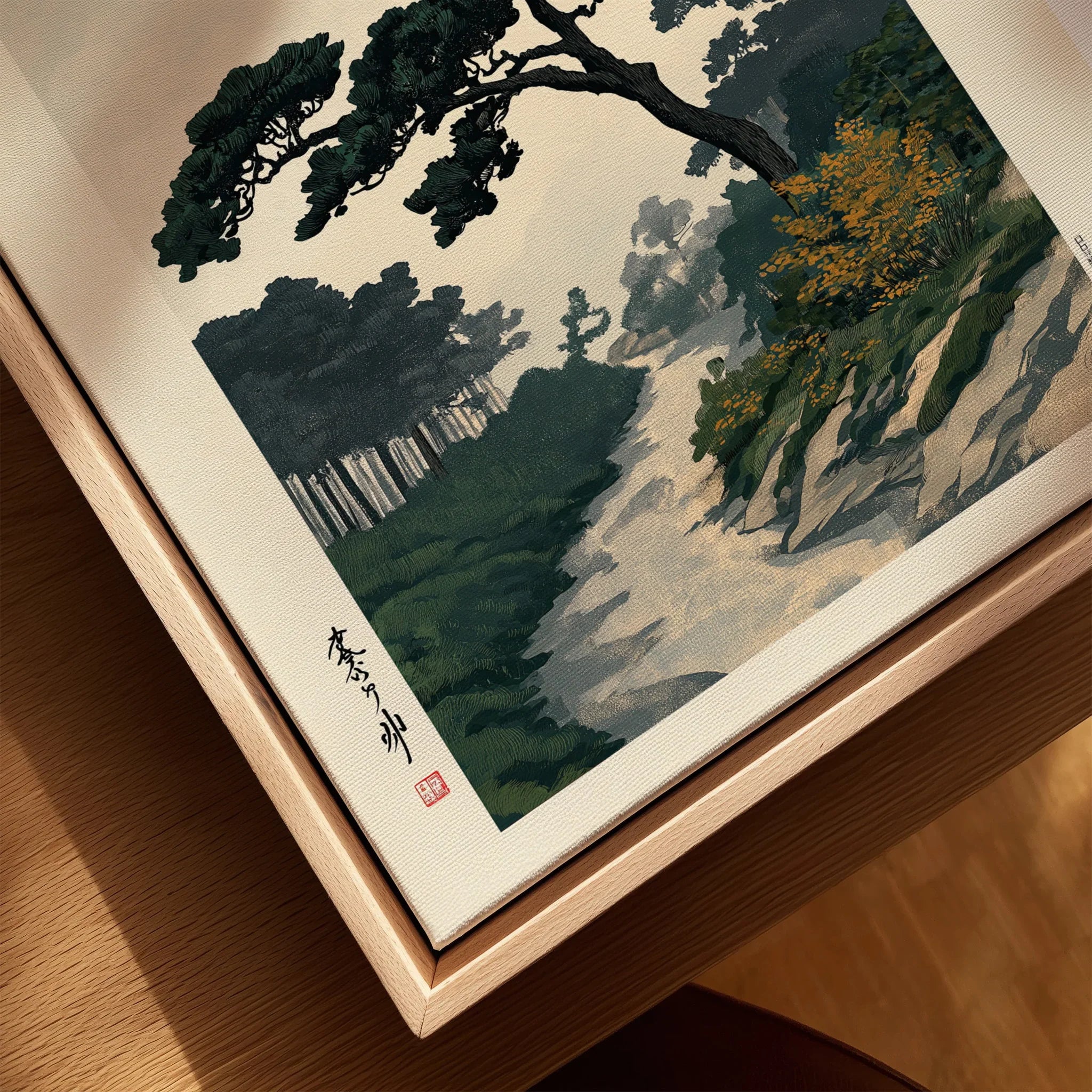Japanese Pine Garden Art Print – Vintage Landscape Wall Art — closeup framed canvas natural wood floating frame