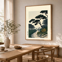 Japanese Pine Garden Art Print – Vintage Landscape Wall Art — dining room framed print natural wood frame