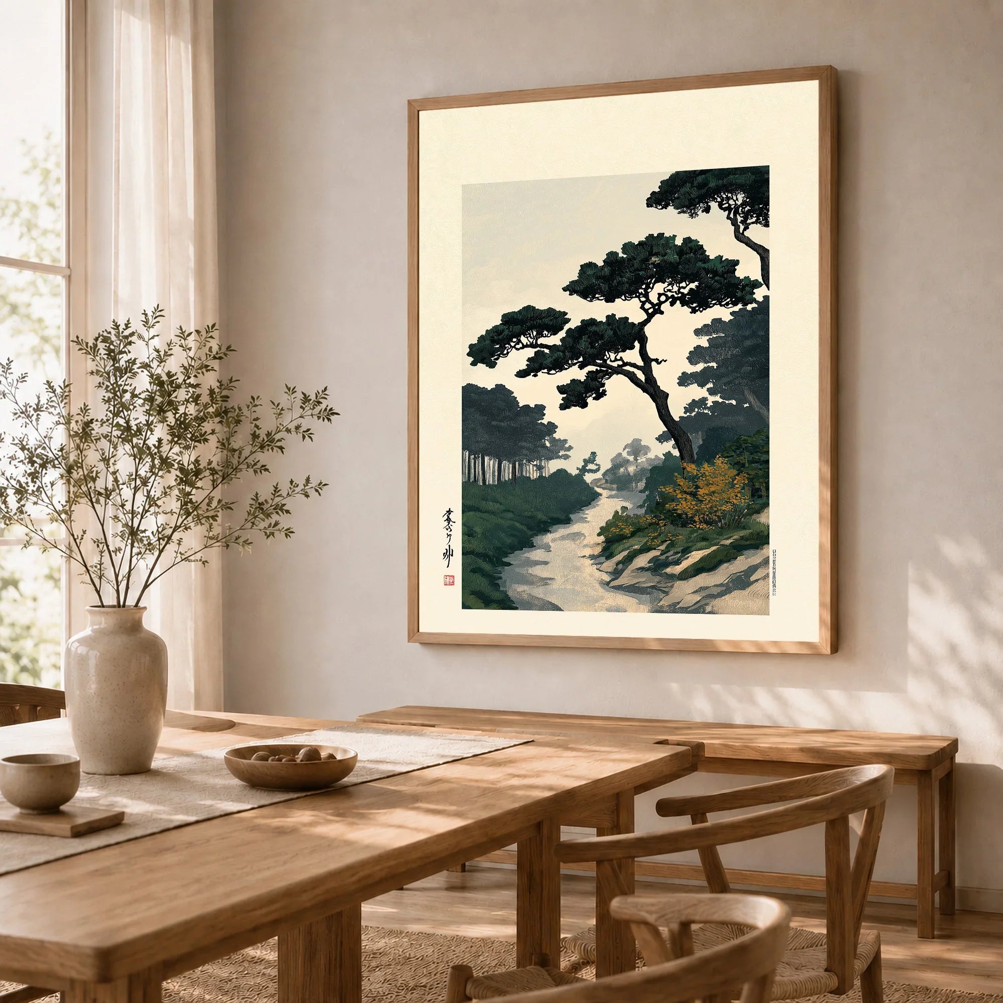 Japanese Pine Garden Art Print – Vintage Landscape Wall Art — dining room framed print natural wood frame