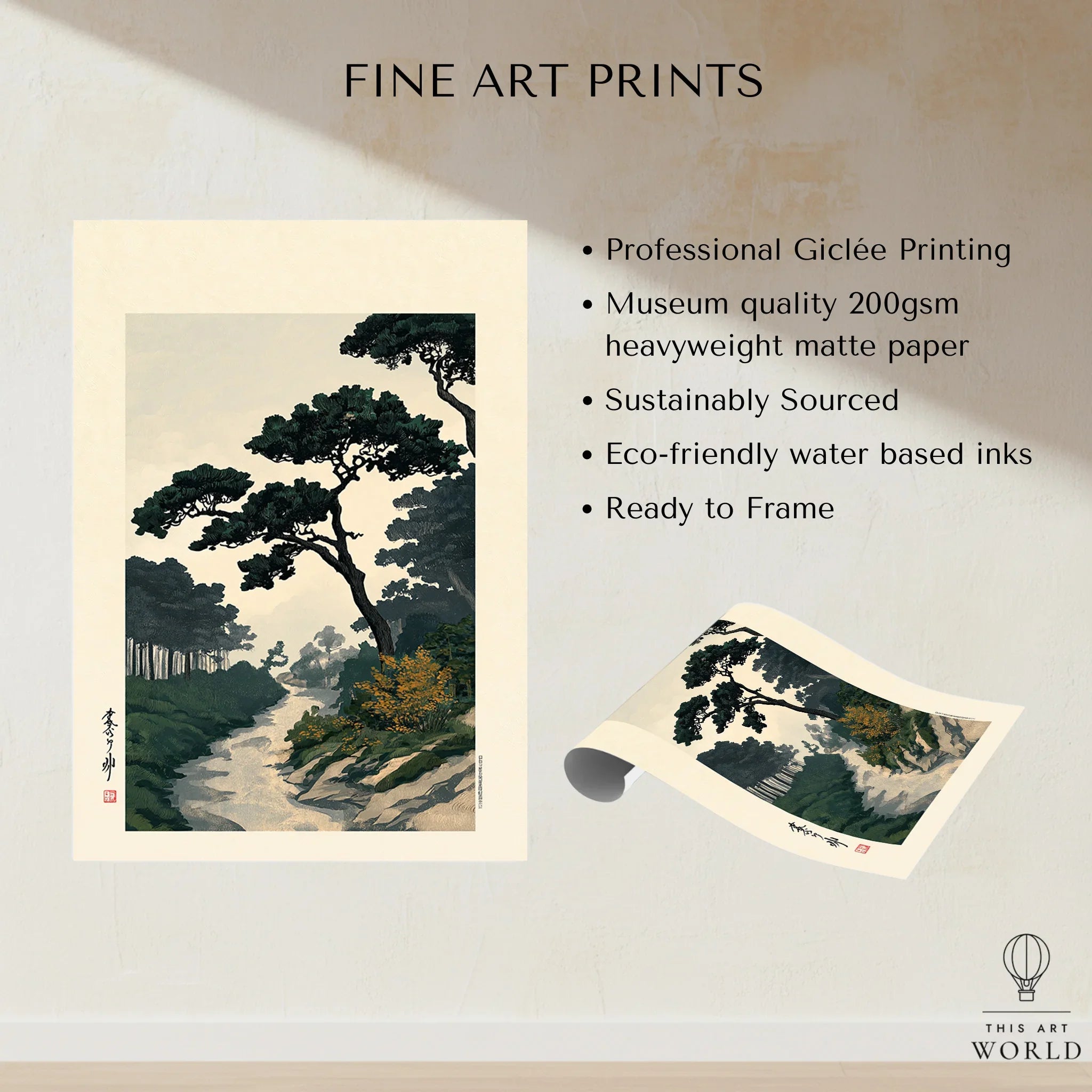 Japanese Pine Garden Art Print – Vintage Landscape Wall Art — fine art print unframed quality details