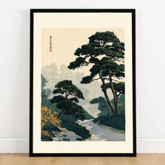 Japanese Garden Wall Art – Vintage Pine Landscape Print — art print in black frame on wooden floor