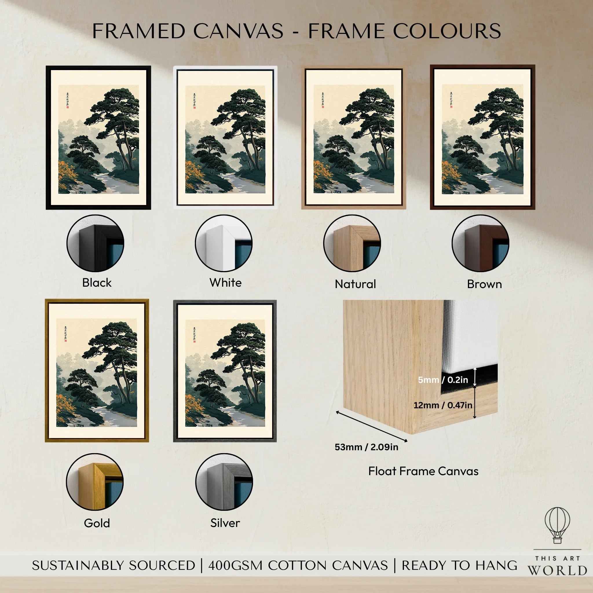 Japanese Garden Wall Art – Vintage Pine Landscape Print — framed canvas float frame colour options