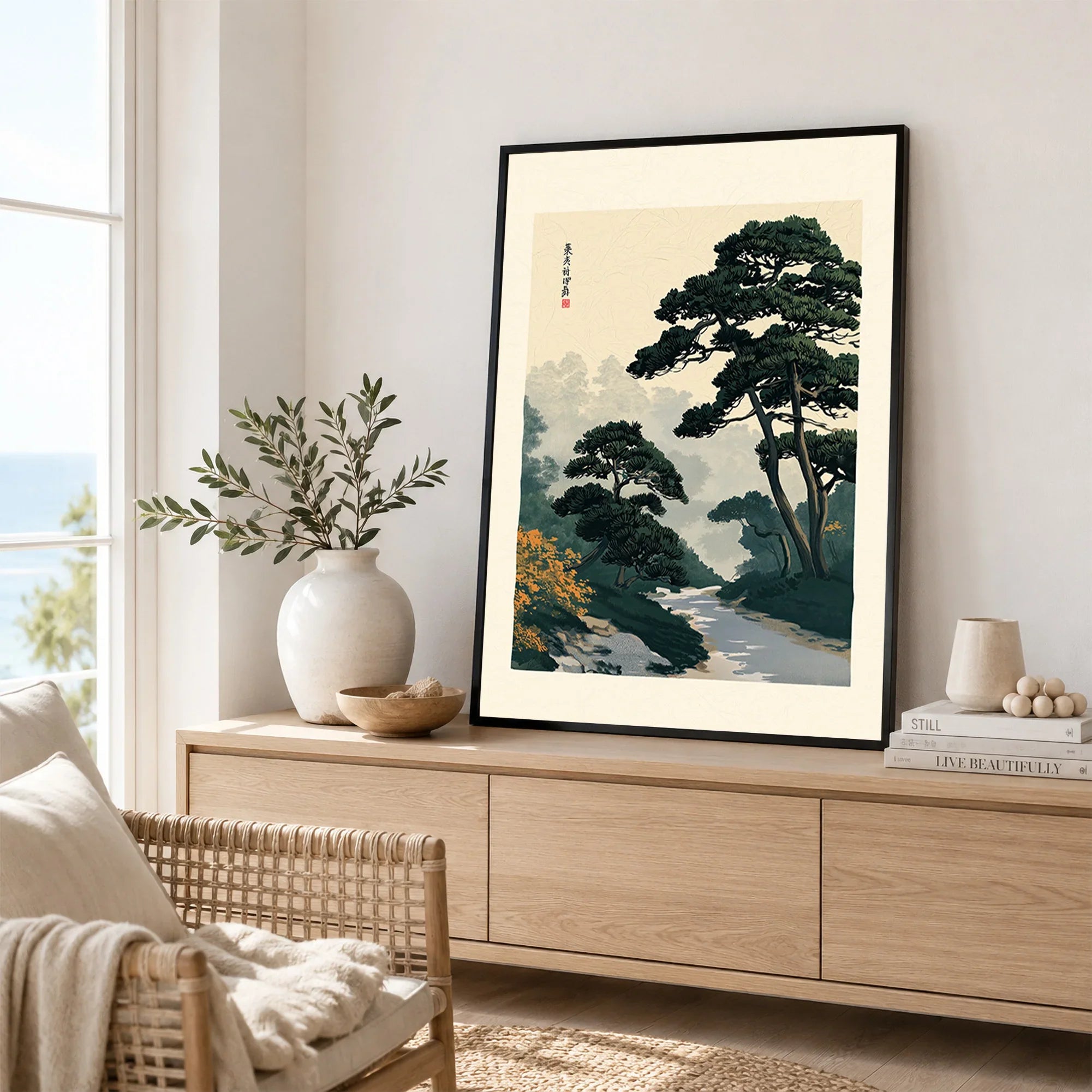 Japanese Garden Wall Art – Vintage Pine Landscape Print — framed artwork living room lifestyle setting