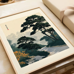Japanese Garden Wall Art – Vintage Pine Landscape Print — framed art print closeup gift unwrapped natural frame