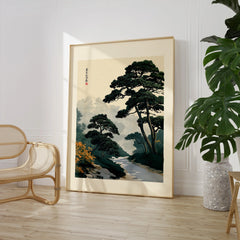 Japanese Garden Wall Art – Vintage Pine Landscape Print — large framed print room setting chair plant