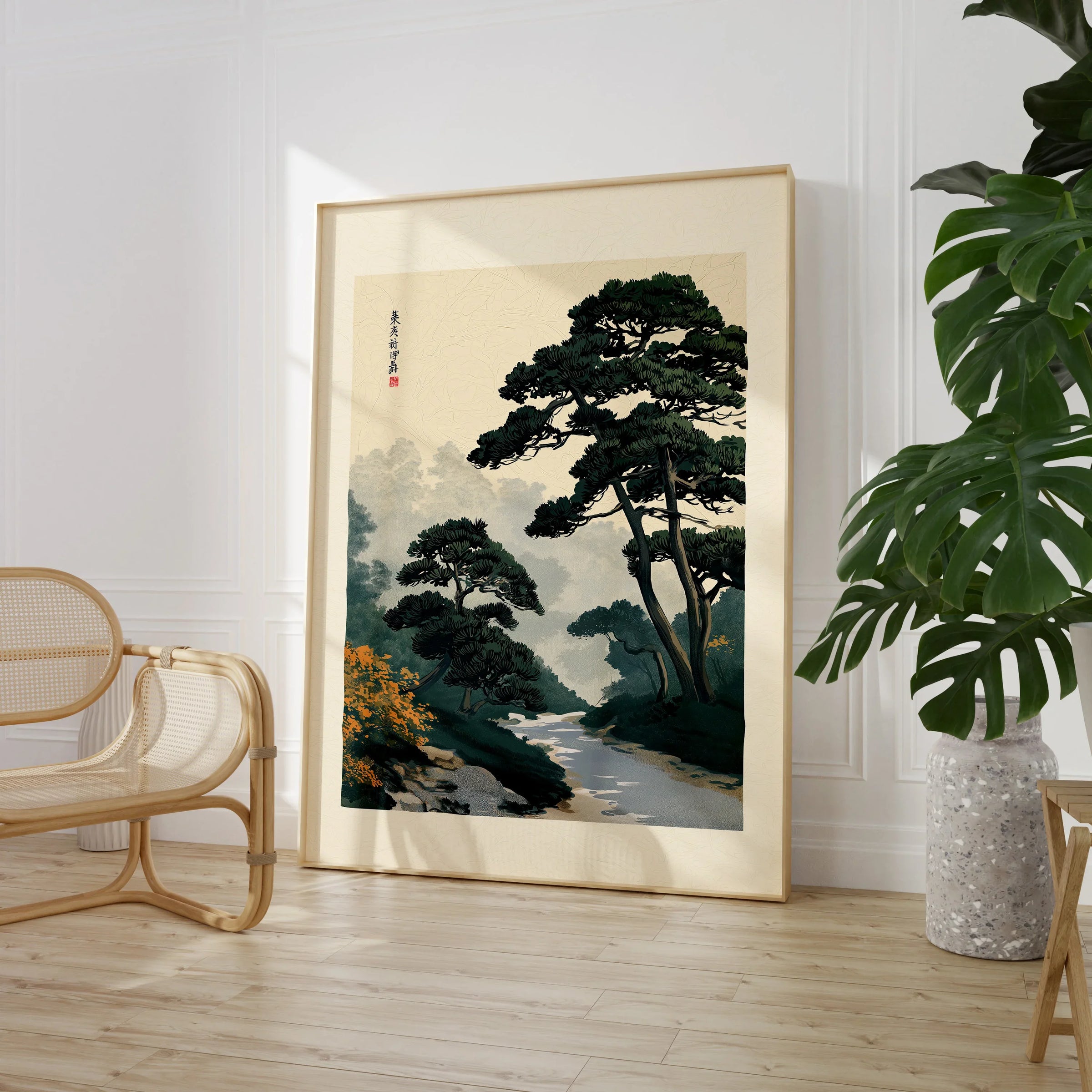 Japanese Garden Wall Art – Vintage Pine Landscape Print — large framed print room setting chair plant