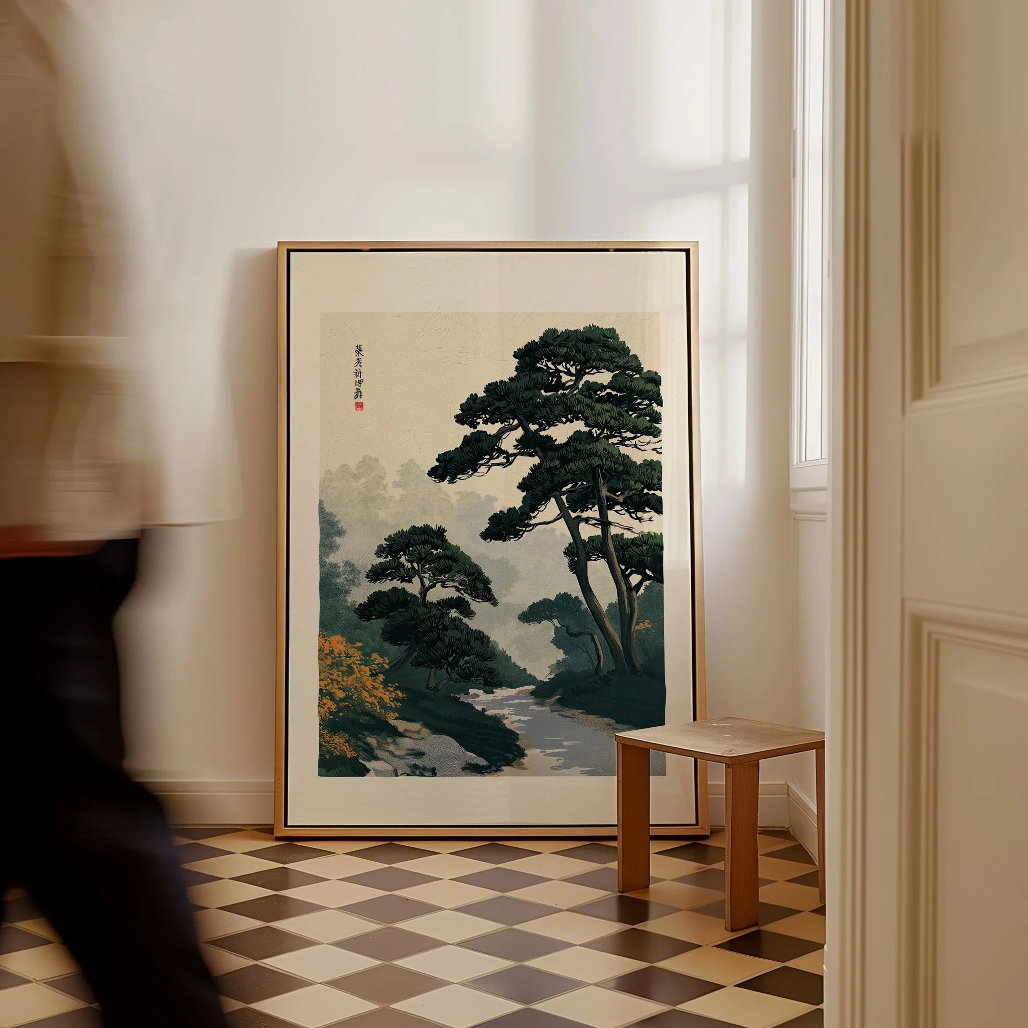 Japanese Garden Wall Art – Vintage Pine Landscape Print — framed canvas on floor man walking past