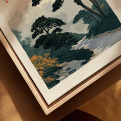 Japanese Garden Wall Art – Vintage Pine Landscape Print — closeup framed canvas natural wood floating frame