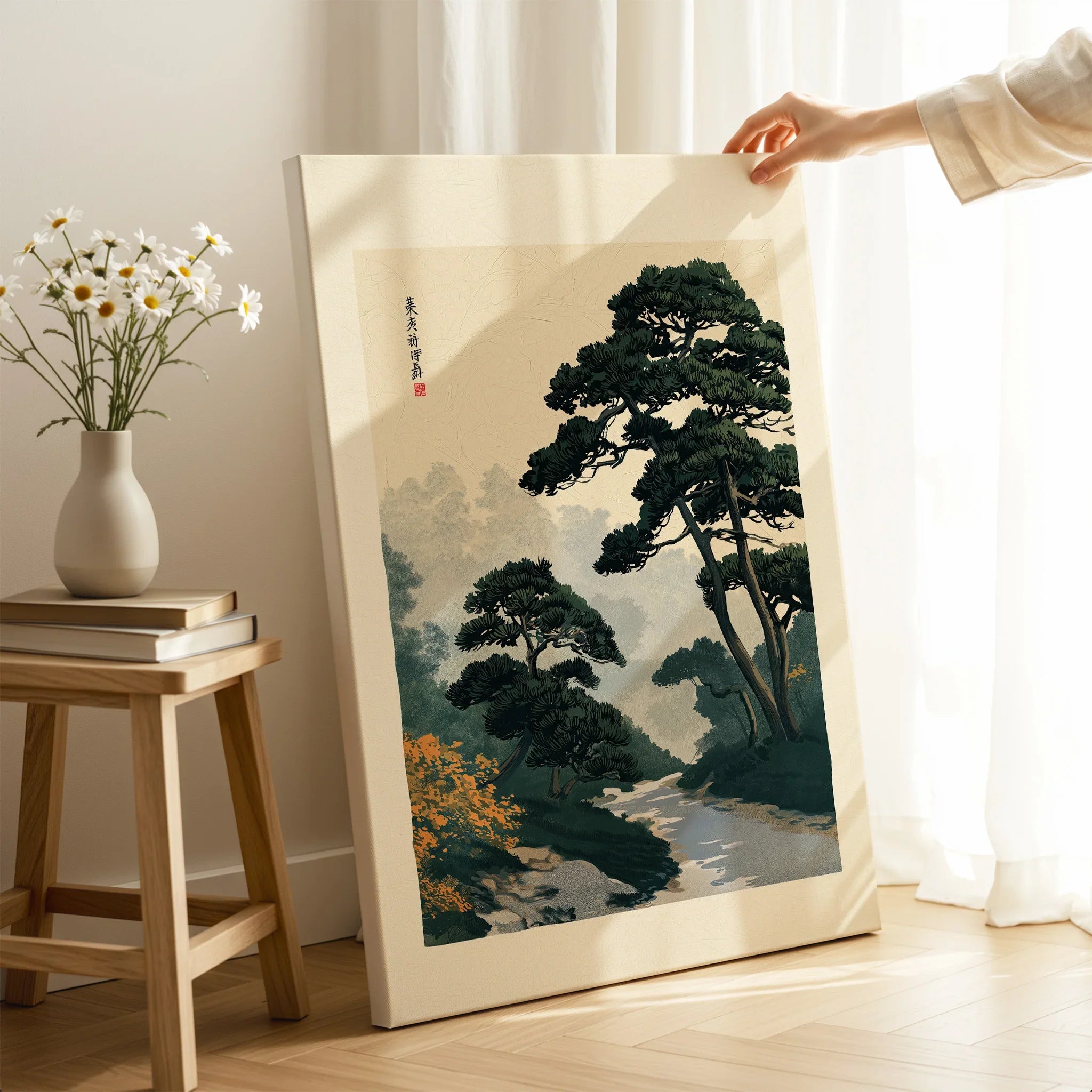 Japanese Garden Wall Art – Vintage Pine Landscape Print — canvas print mirror edge hand holding room setting