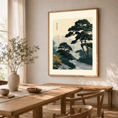 Japanese Garden Wall Art – Vintage Pine Landscape Print — dining room framed print natural wood frame