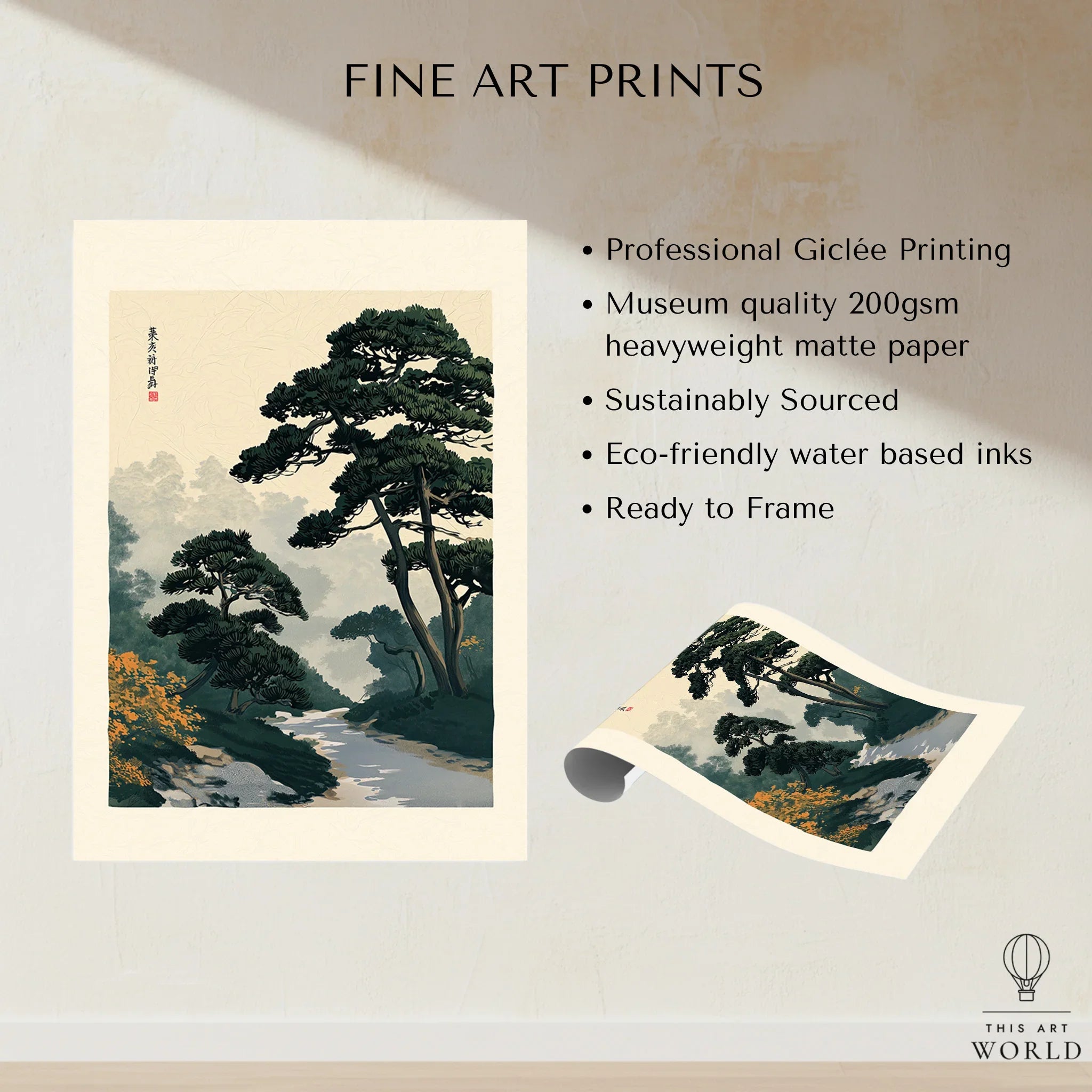 Japanese Garden Wall Art – Vintage Pine Landscape Print — fine art print unframed quality details